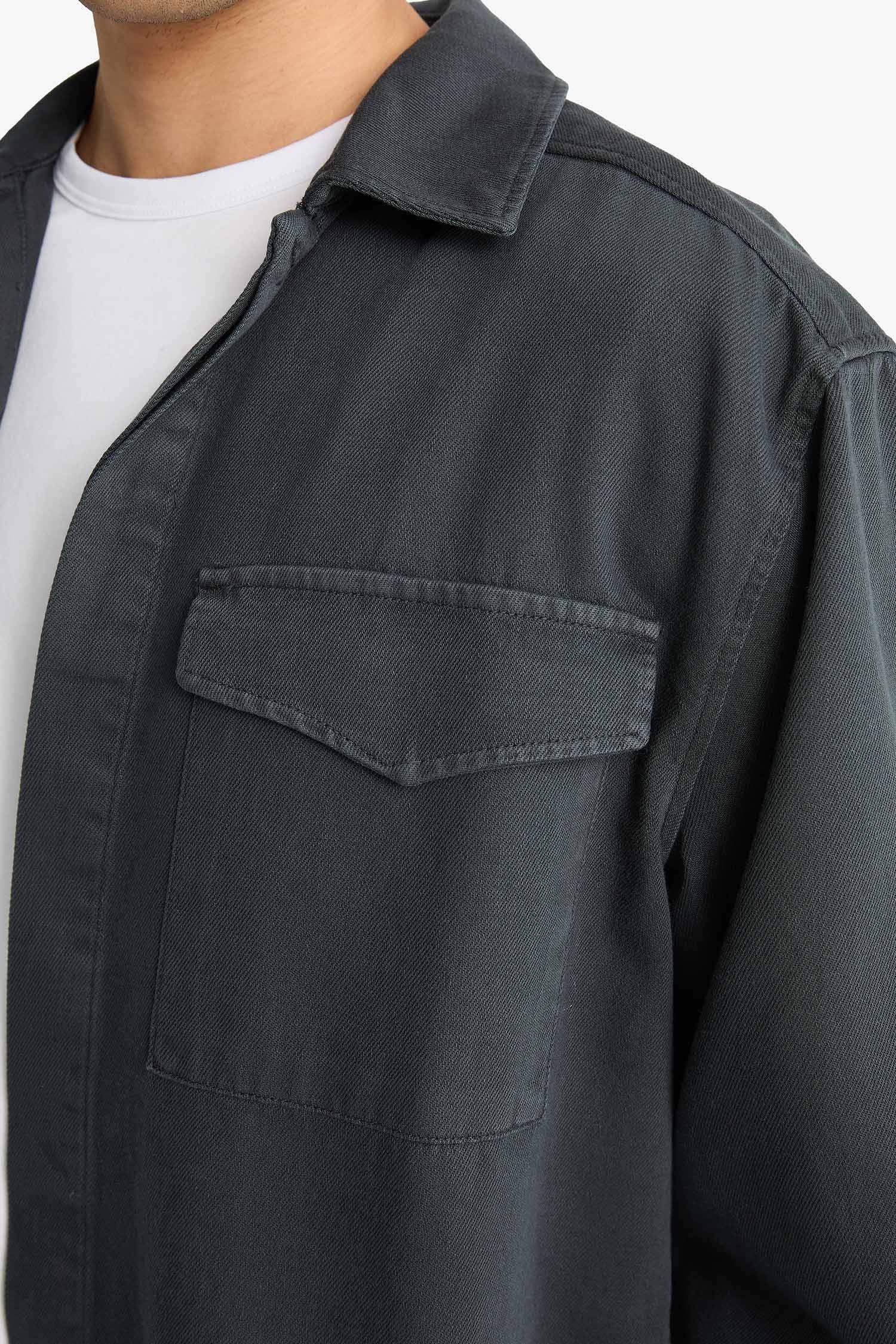 Boxy Fit Polo Neck Twill Long Sleeve Shirt