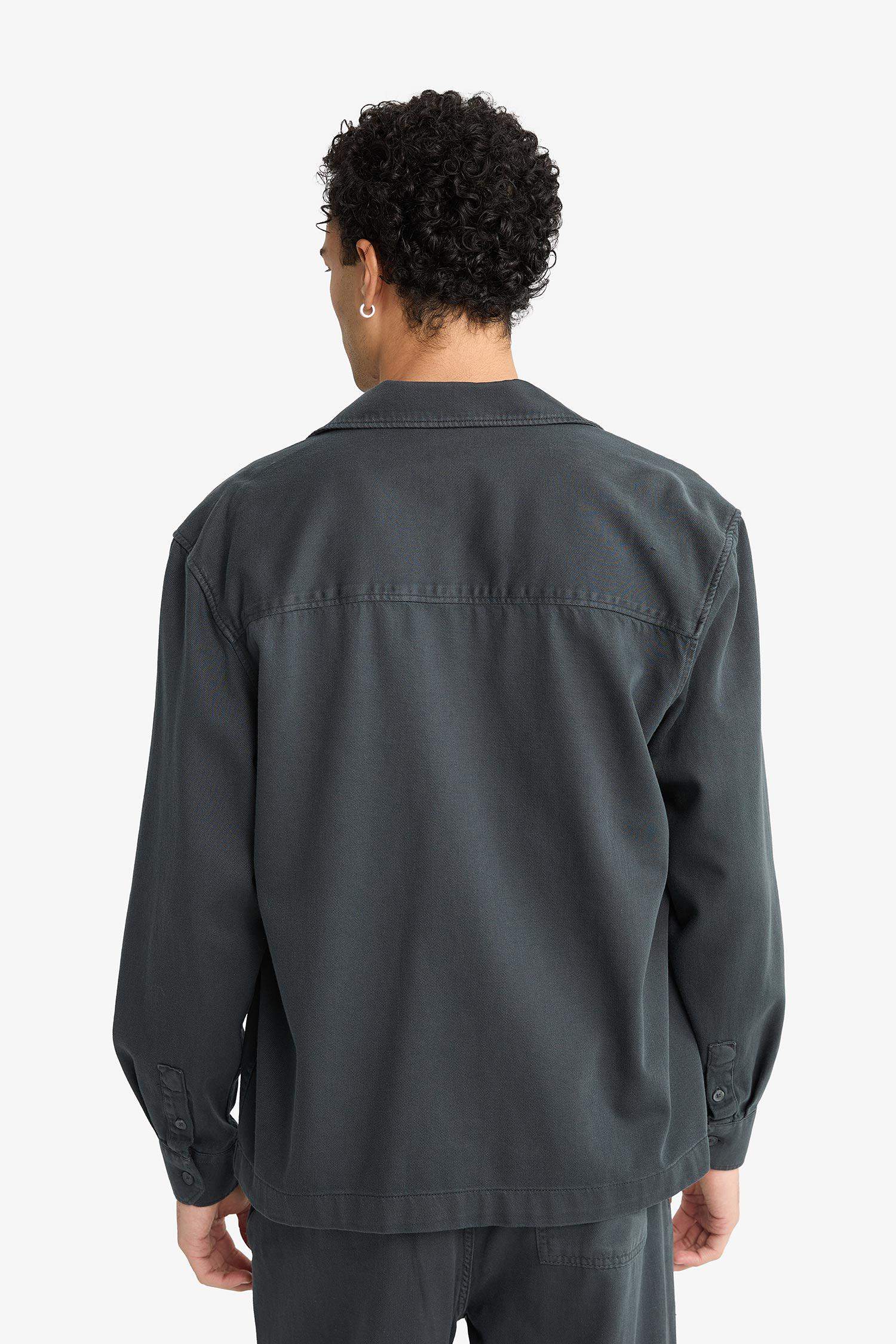 Boxy Fit Polo Neck Twill Long Sleeve Shirt