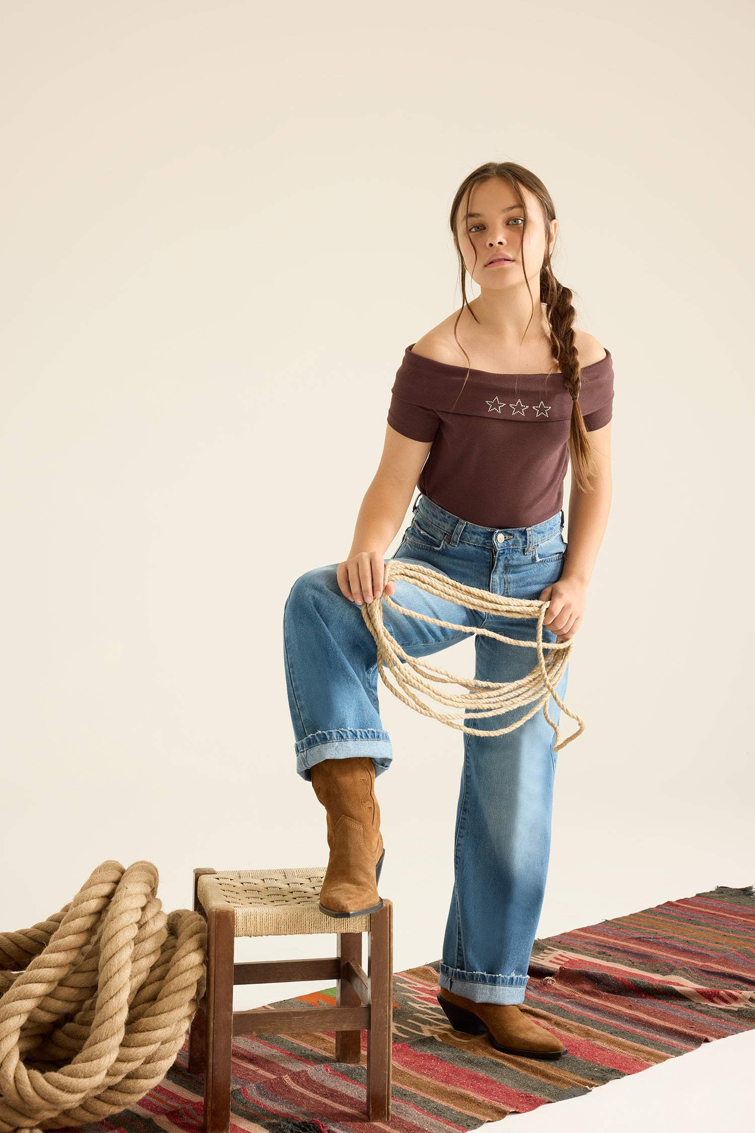 Girl Slim Fit Open Shoulder Star Patterned Ribbed T-Shirt