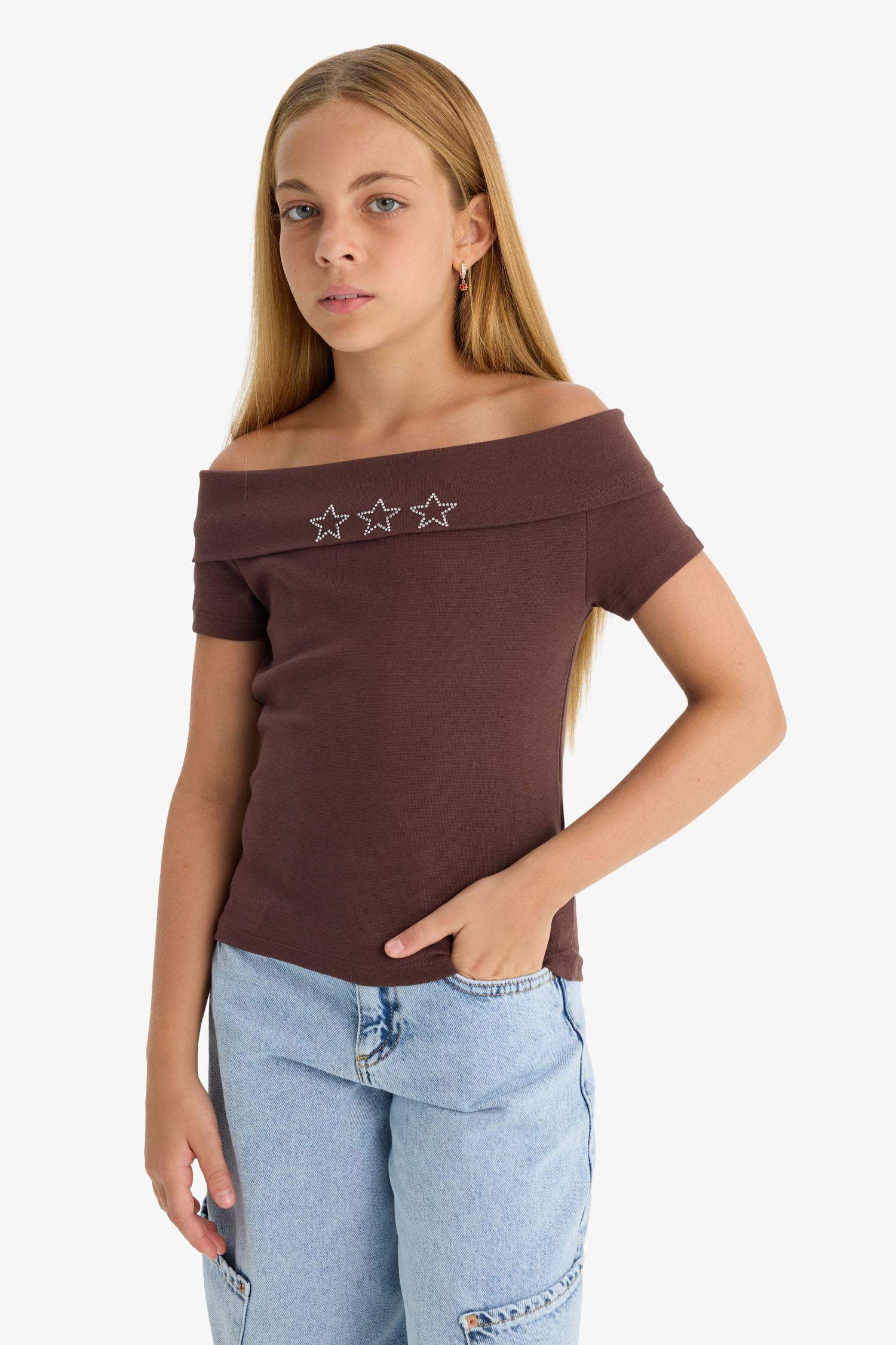 Girl Slim Fit Open Shoulder Star Patterned Ribbed T-Shirt