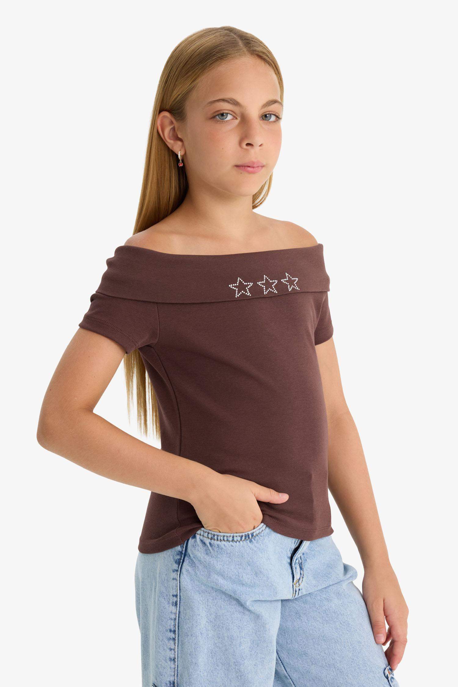 Girl Slim Fit Open Shoulder Star Patterned Ribbed T-Shirt