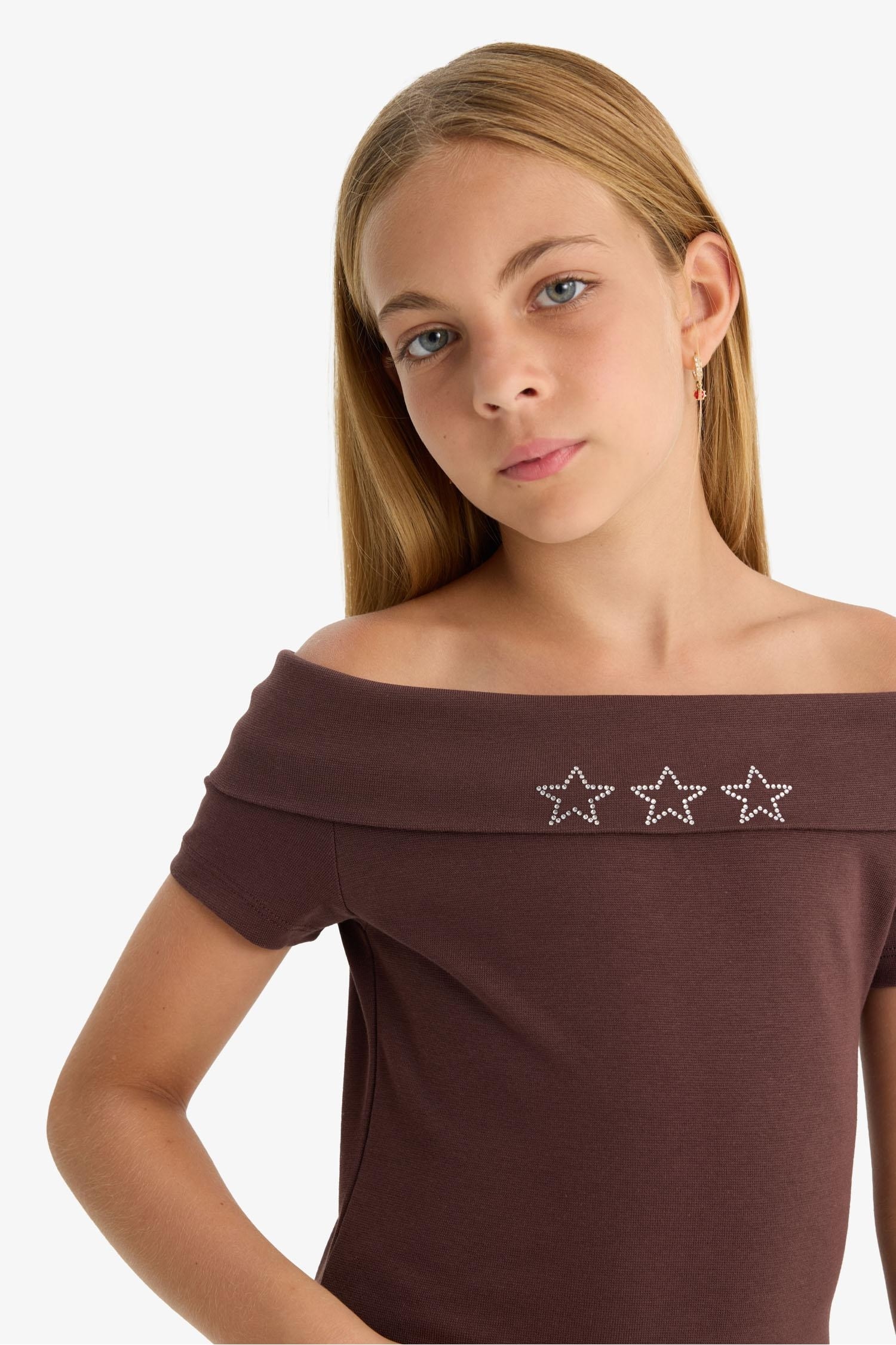 Girl Slim Fit Open Shoulder Star Patterned Ribbed T-Shirt