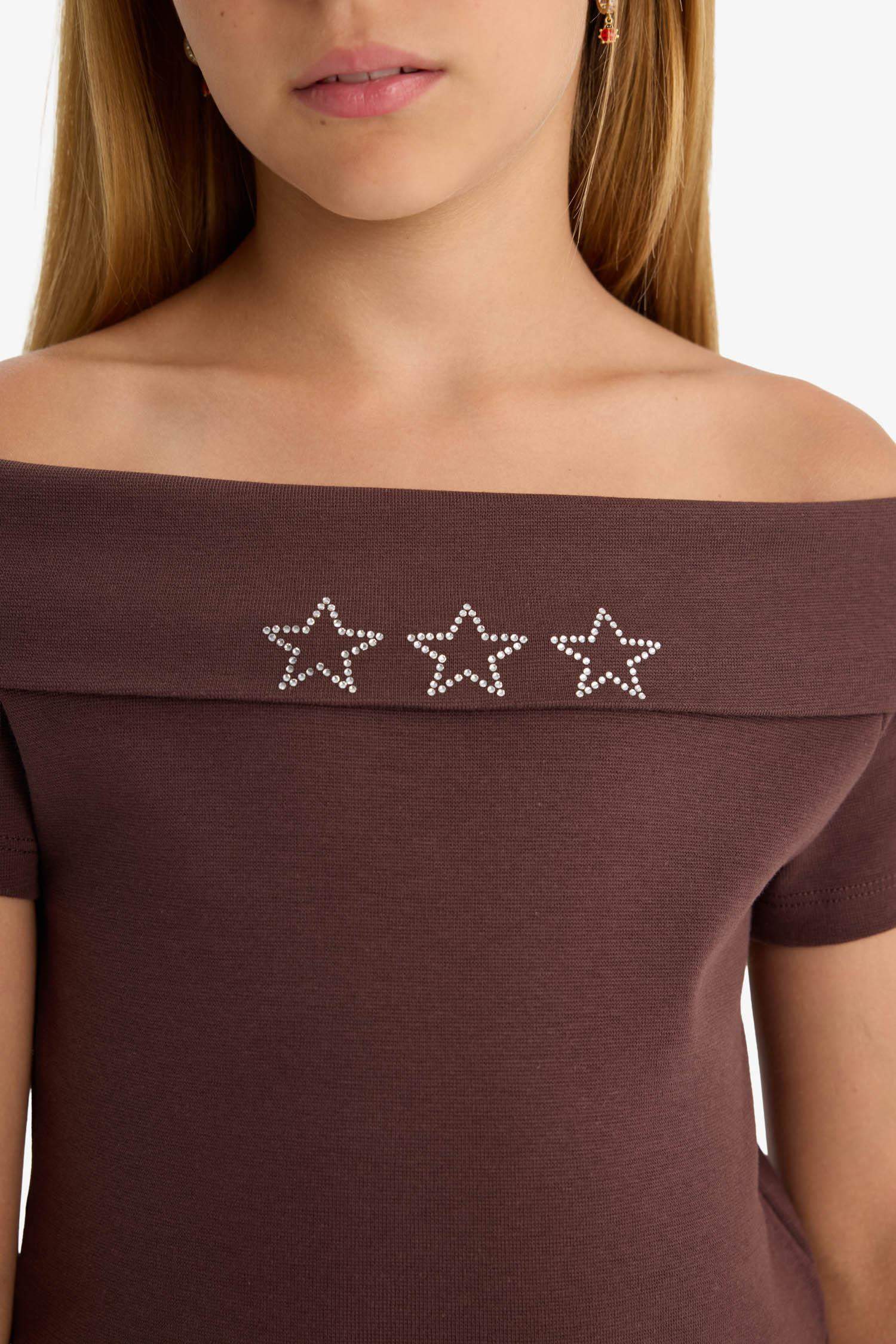 Girl Slim Fit Open Shoulder Star Patterned Ribbed T-Shirt