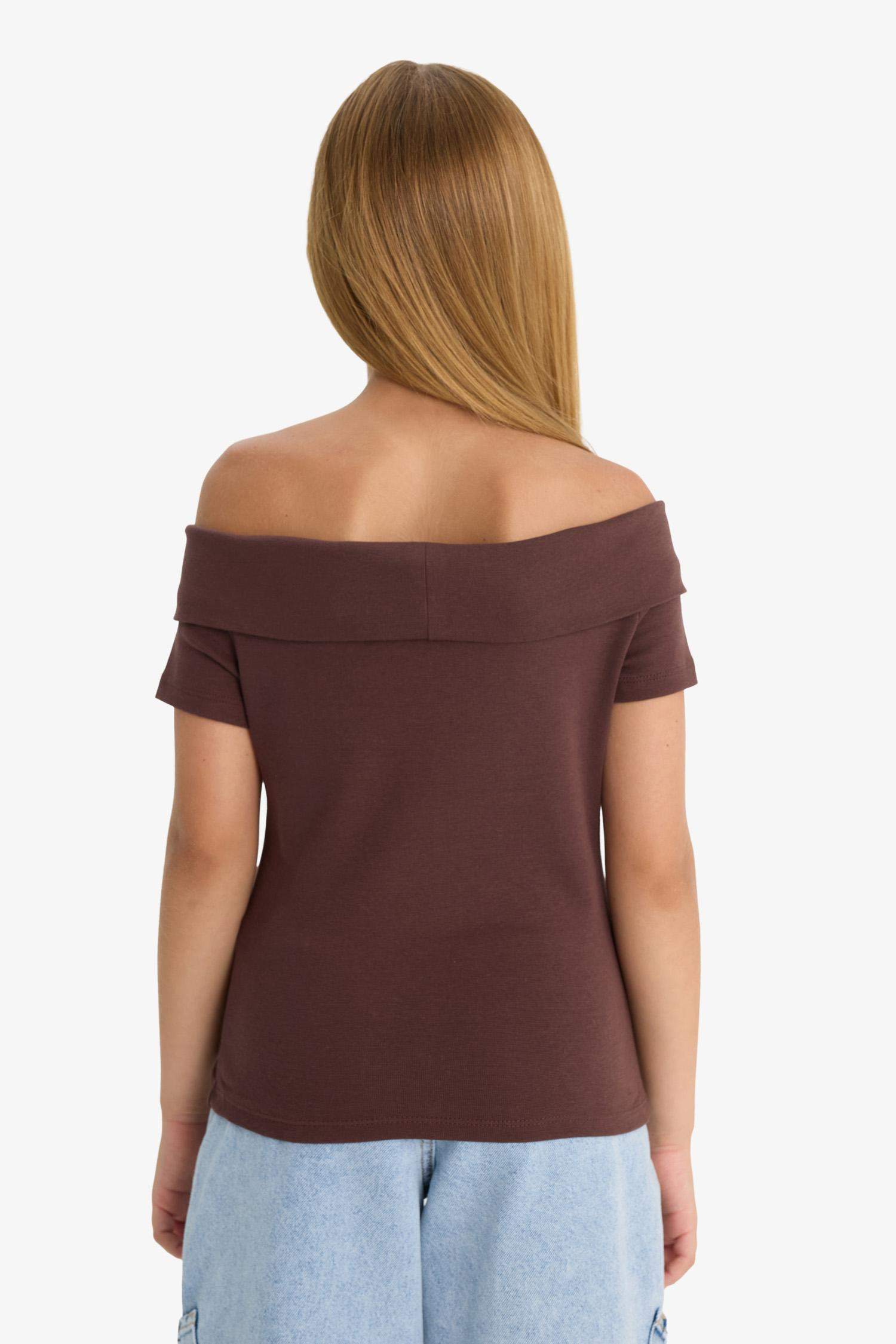 Girl Slim Fit Open Shoulder Star Patterned Ribbed T-Shirt