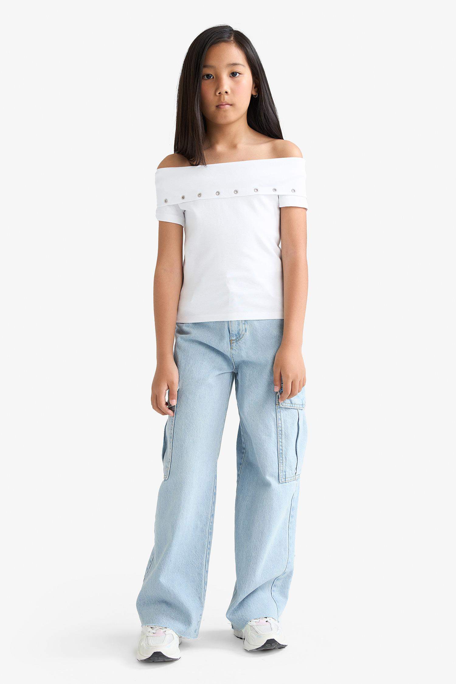 Kız Çocuk Slim Fit Dar Kesim Omzu Açık Yaka Baskılı Ribana Kısa Kollu Tişört