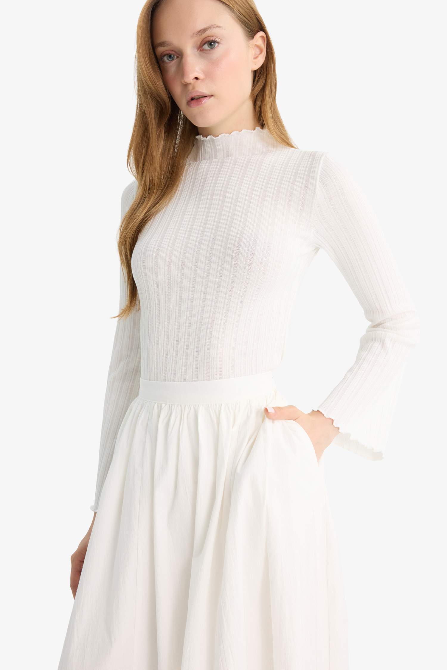 Slim Fit Dar Kesim Fitilli Kaşkorse Uzun Kollu Tunik