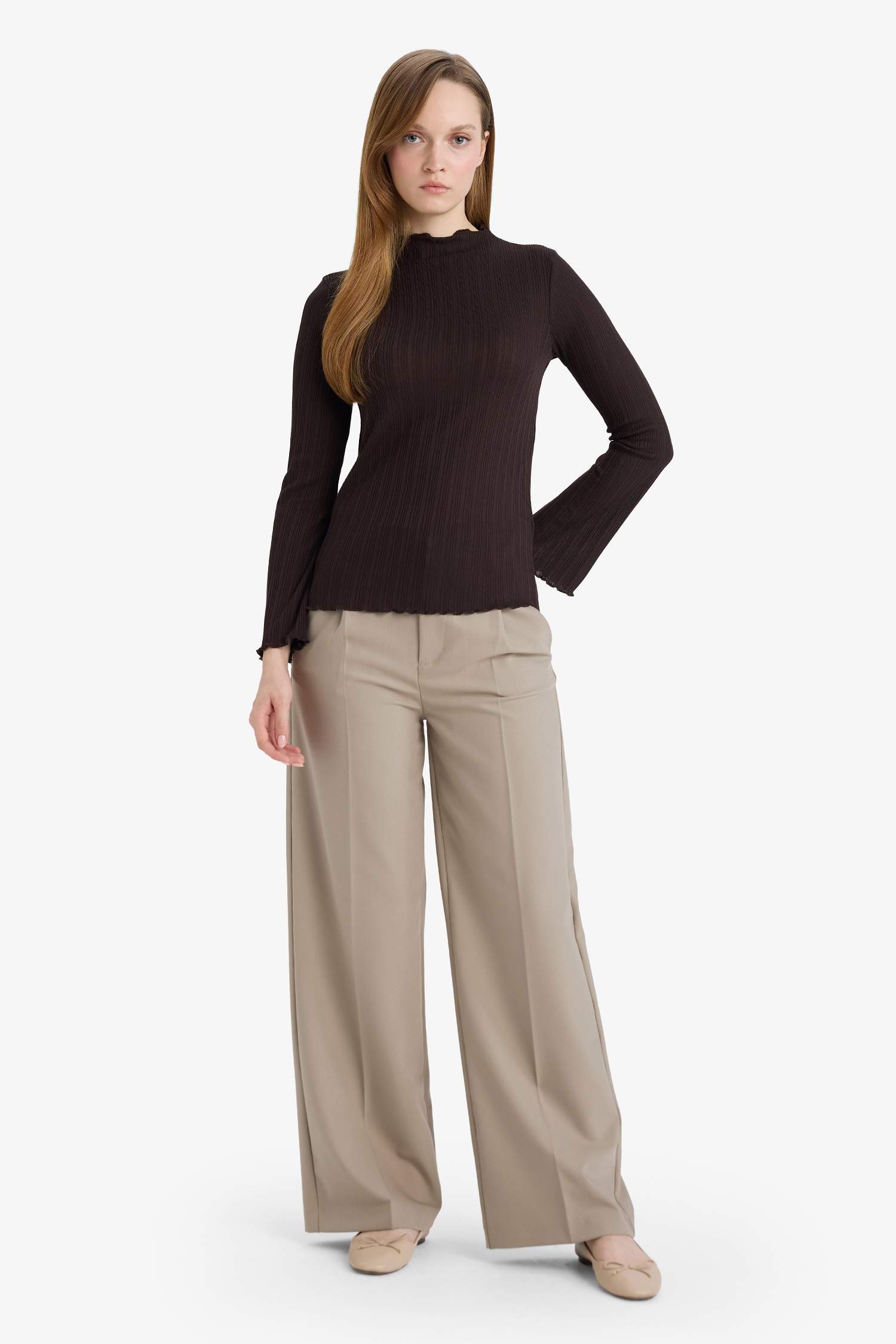 Slim Fit Dar Kesim Fitilli Kaşkorse Uzun Kollu Tunik