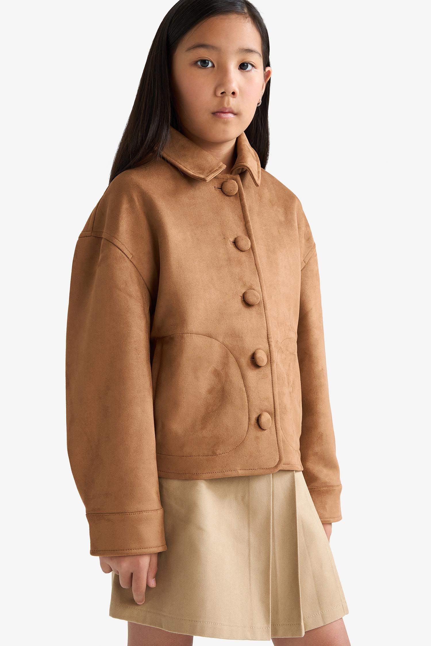 Kız Çocuk Ceket Yaka Düğmeli Süet Mont