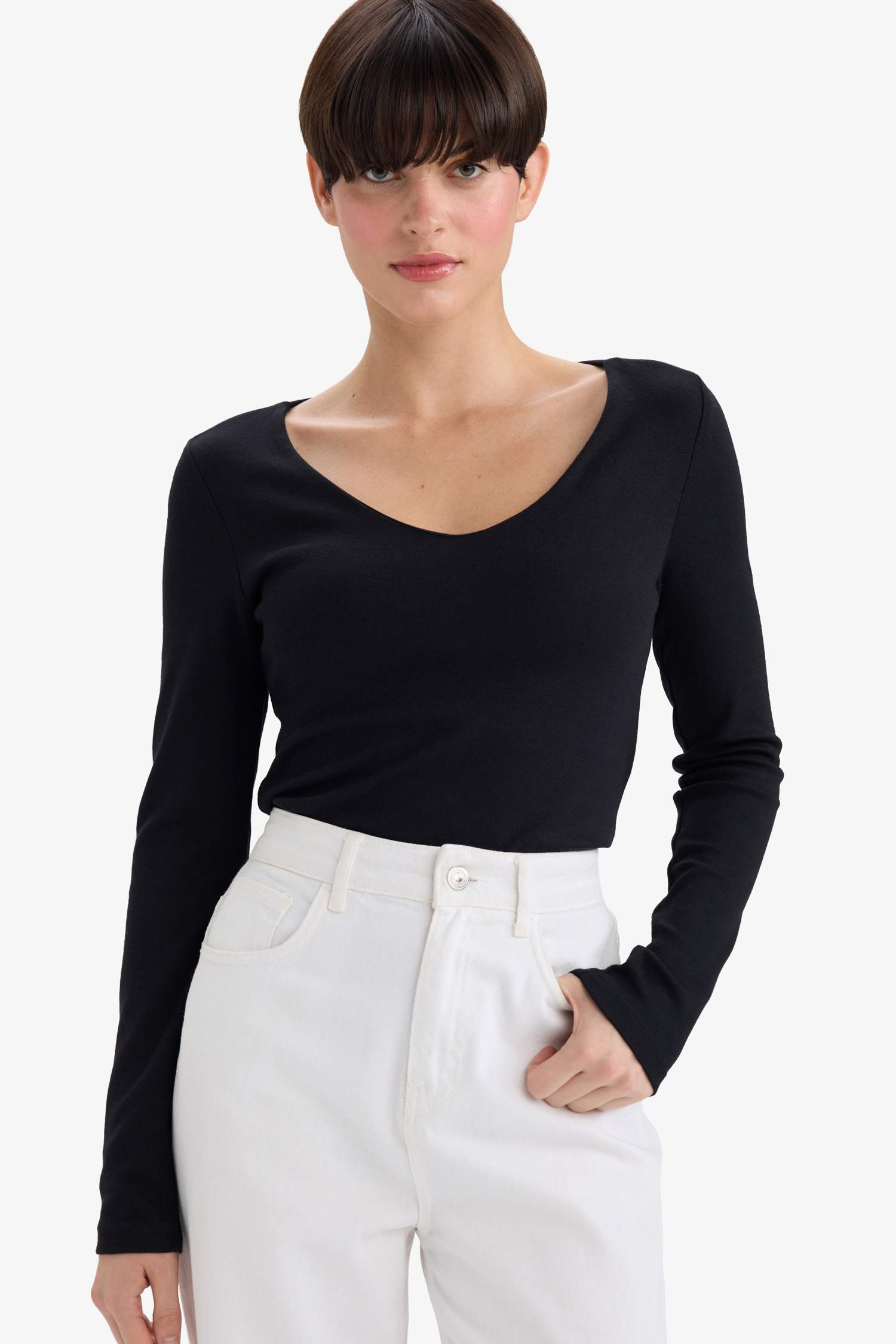 Slim Fit Dar Kesim Basic Düz Modal Uzun Kollu Tişört