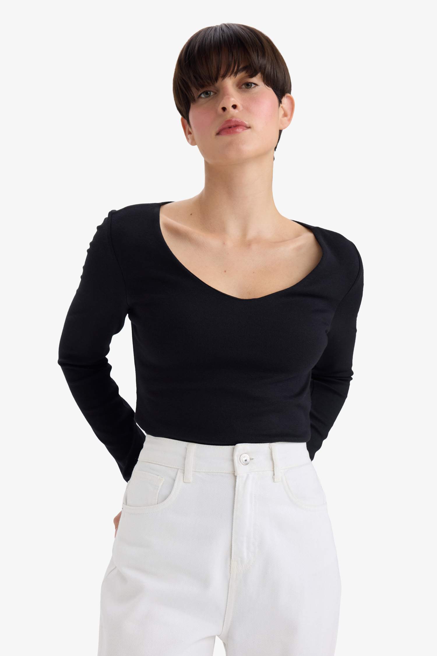 Slim Fit Dar Kesim Basic Düz Modal Uzun Kollu Tişört