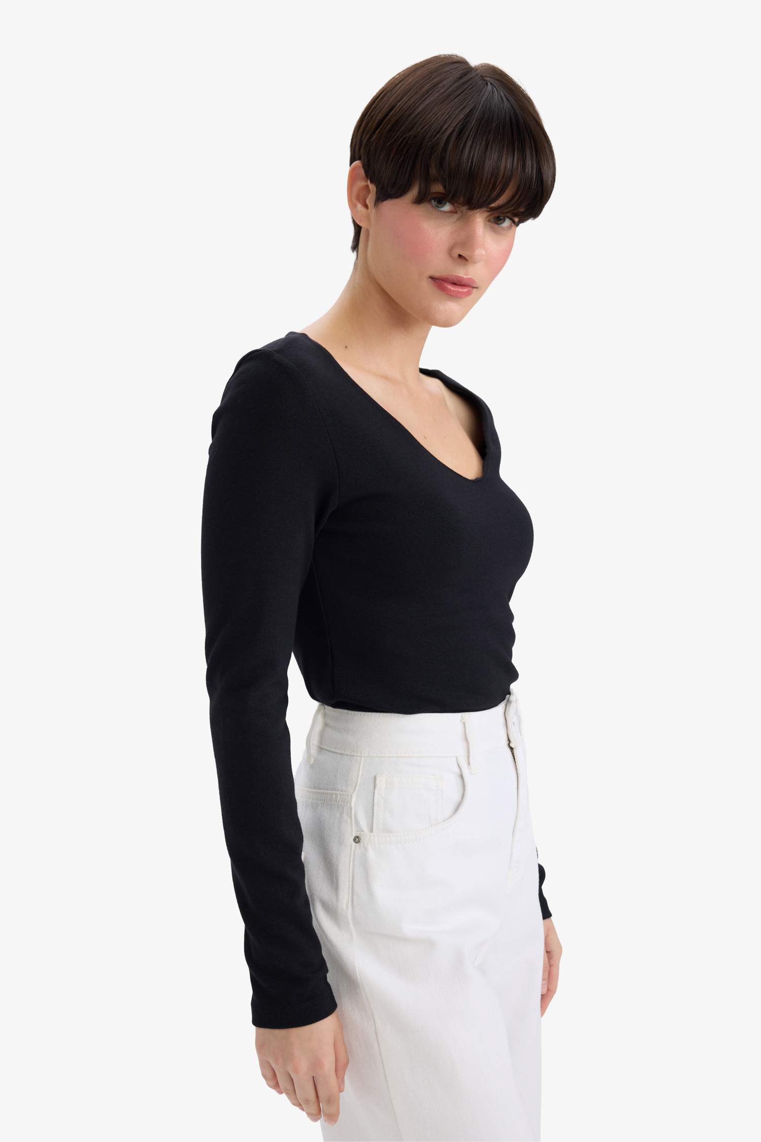 Slim Fit Dar Kesim Basic Düz Modal Uzun Kollu Tişört