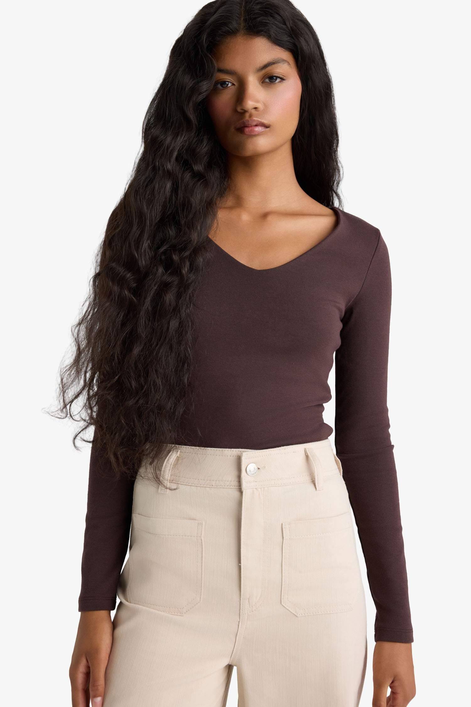 Slim Fit Dar Kesim Basic Düz Modal Uzun Kollu Tişört