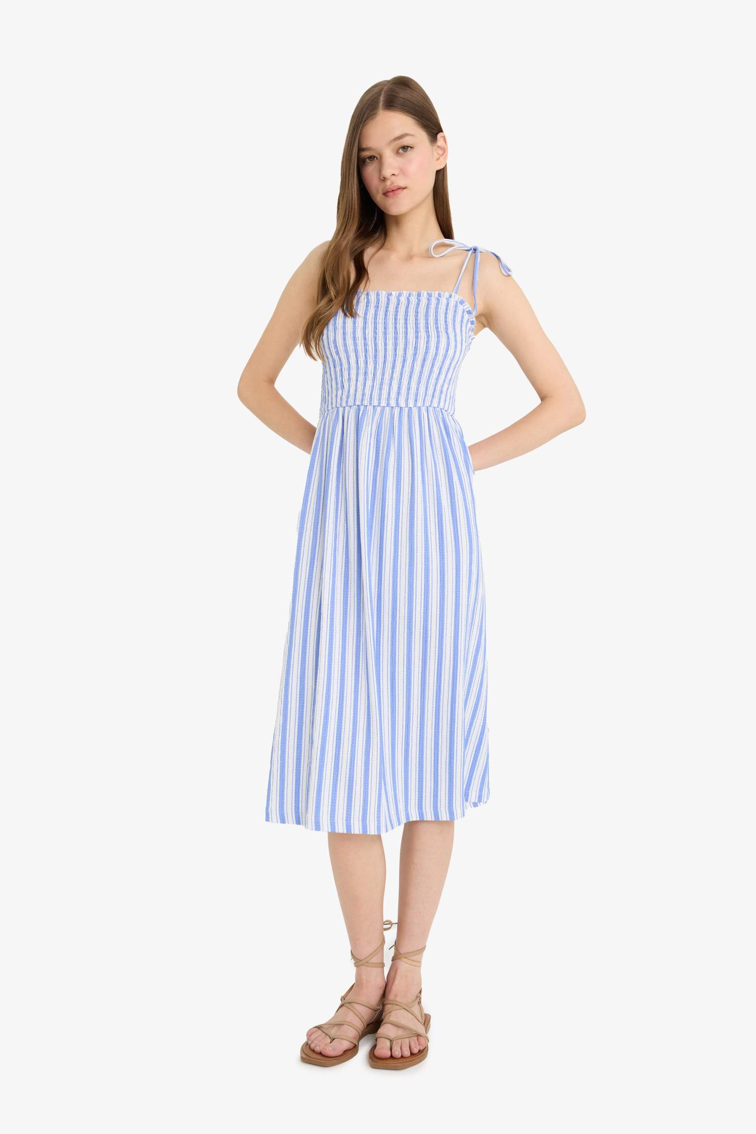 Coool Çizgili Bürümcük Askılı Midi Elbise