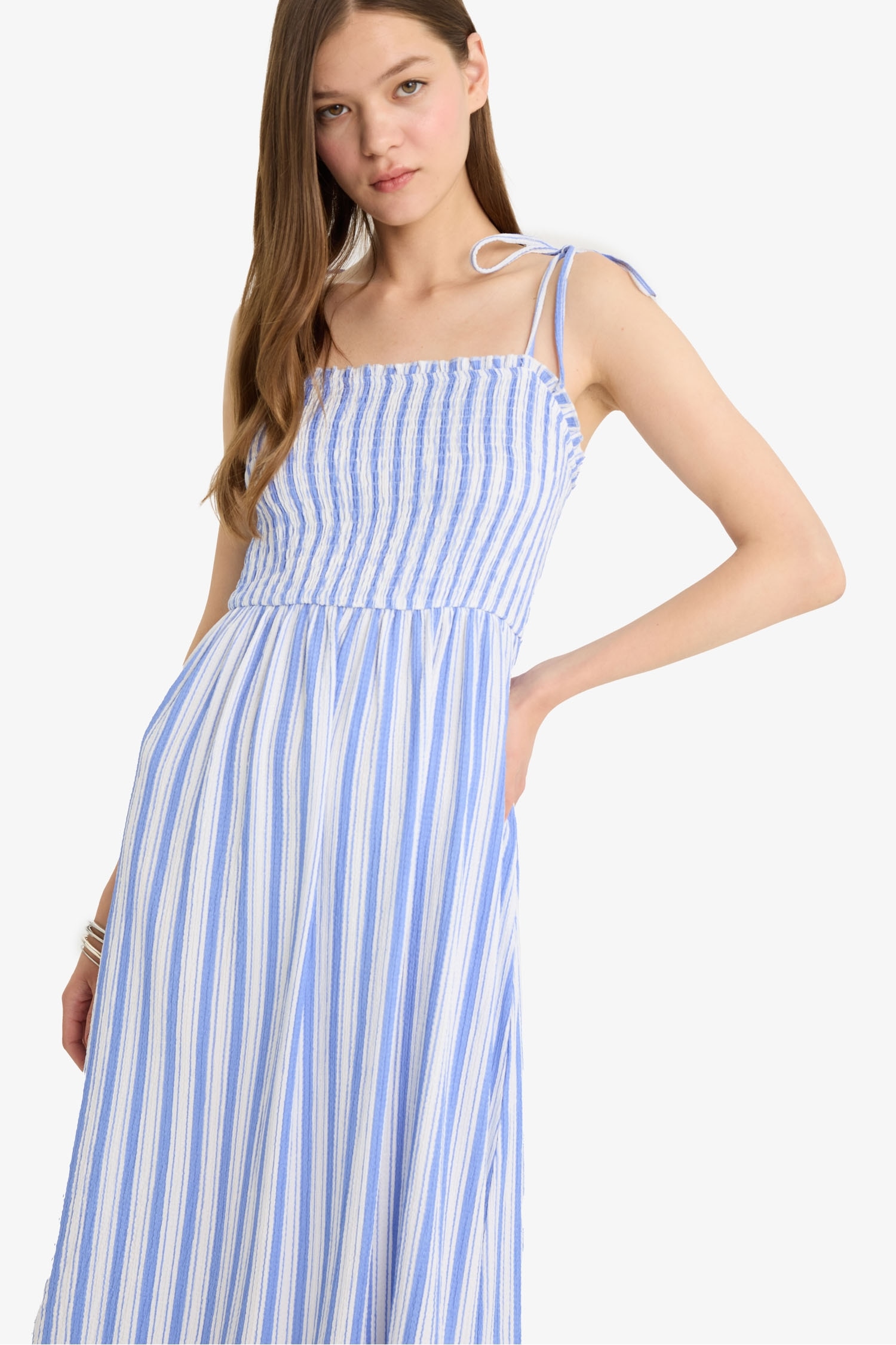 Coool Çizgili Bürümcük Askılı Midi Elbise