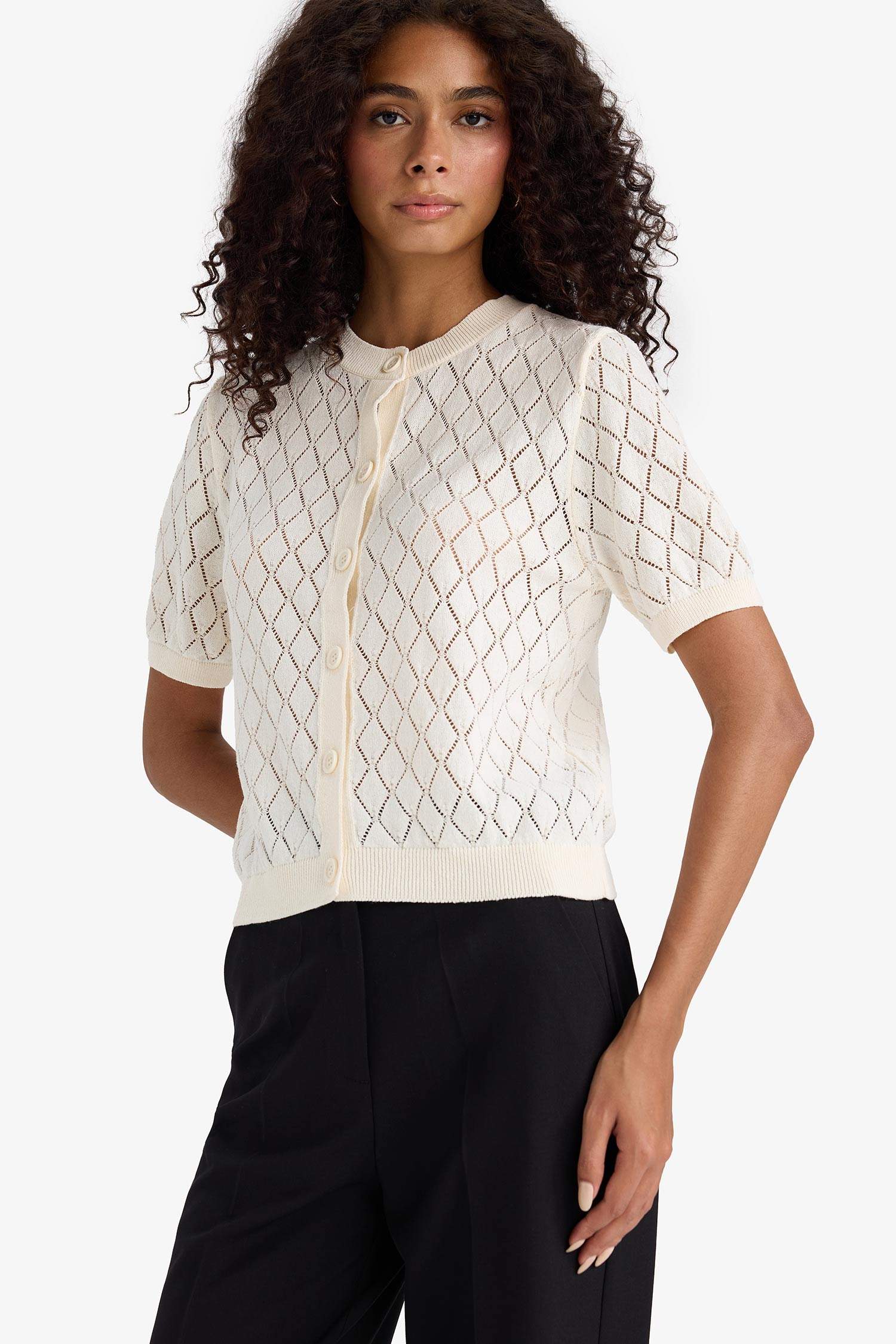 Regular Fit Bisiklet Yaka Kısa Kollu Ajur Triko Hırka