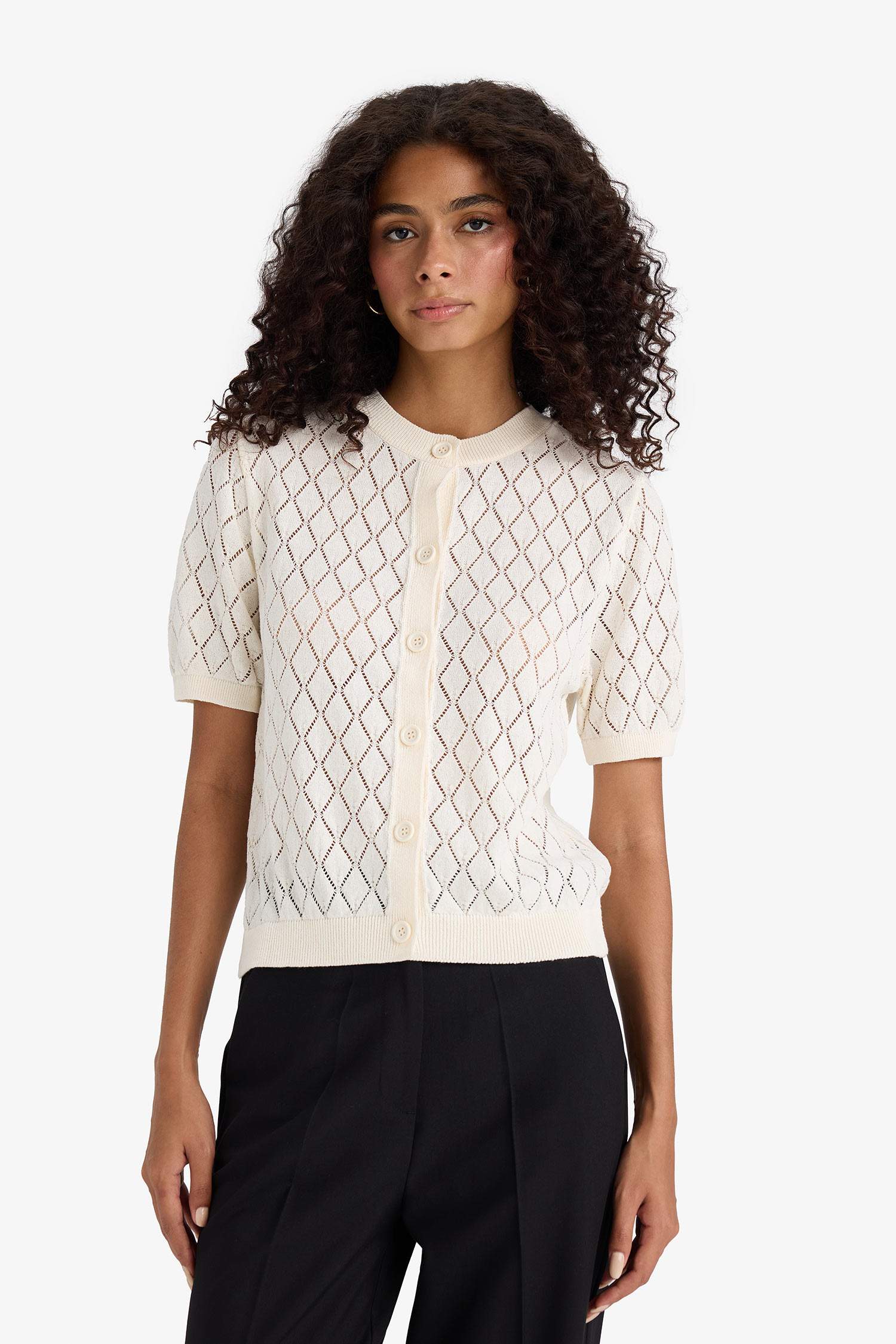 Regular Fit Bisiklet Yaka Kısa Kollu Ajur Triko Hırka