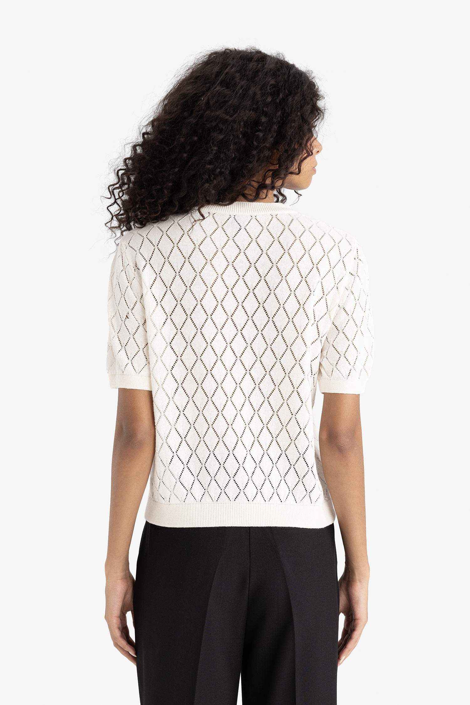 Regular Fit Bisiklet Yaka Kısa Kollu Ajur Triko Hırka