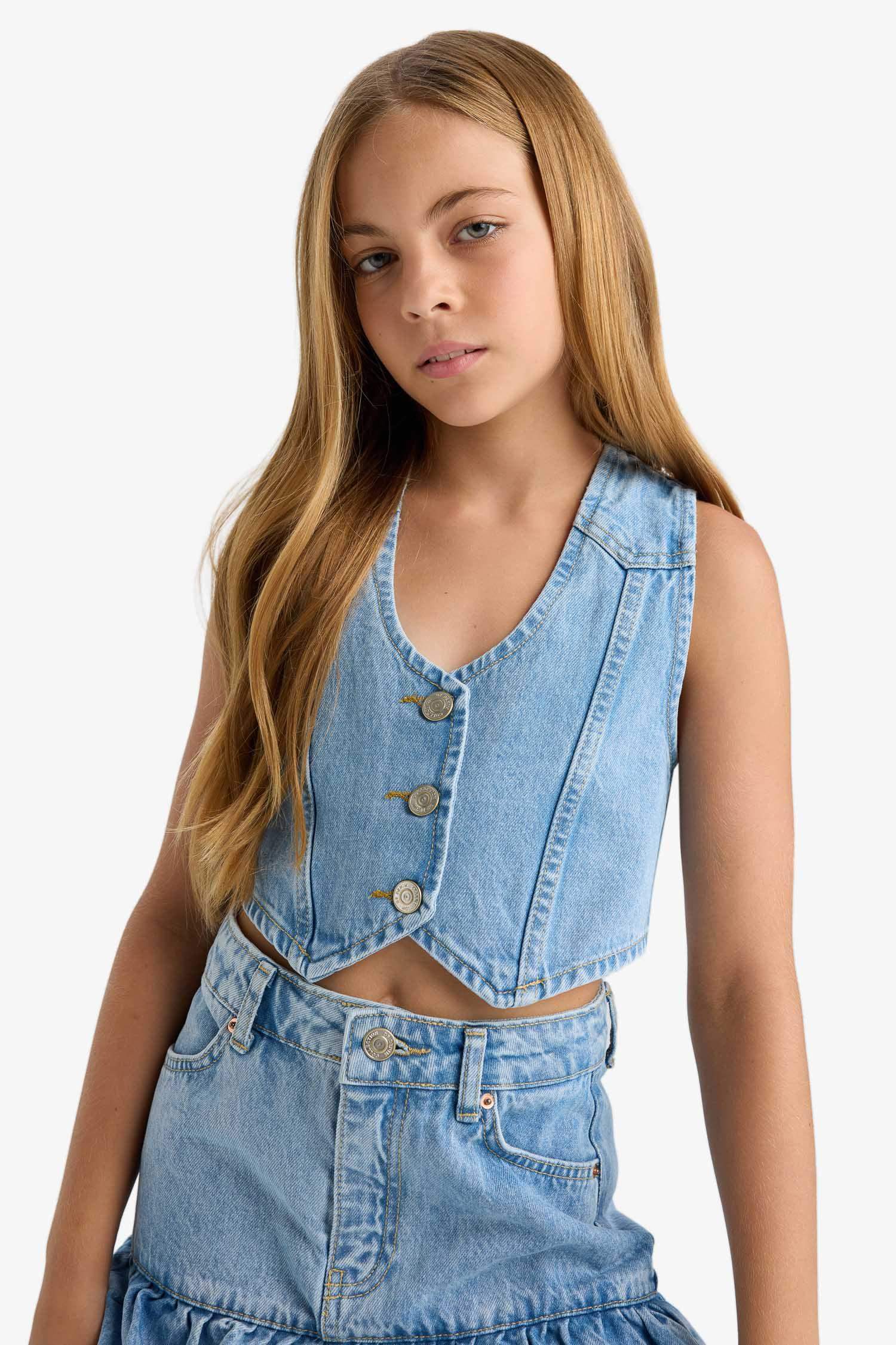 Kız Çocuk Pamuklu Düğmeli Jean Yelek