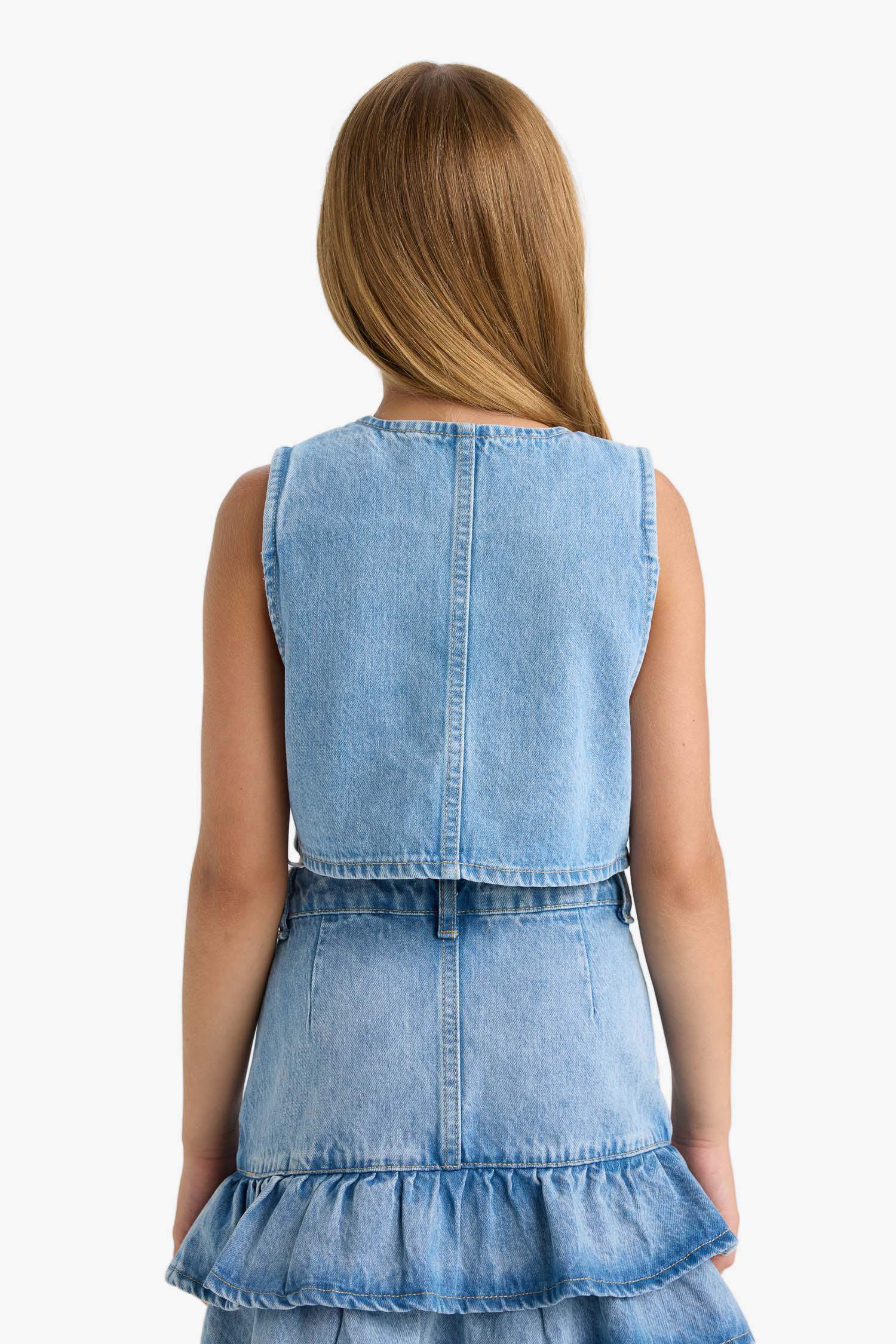 Kız Çocuk Pamuklu Düğmeli Jean Yelek