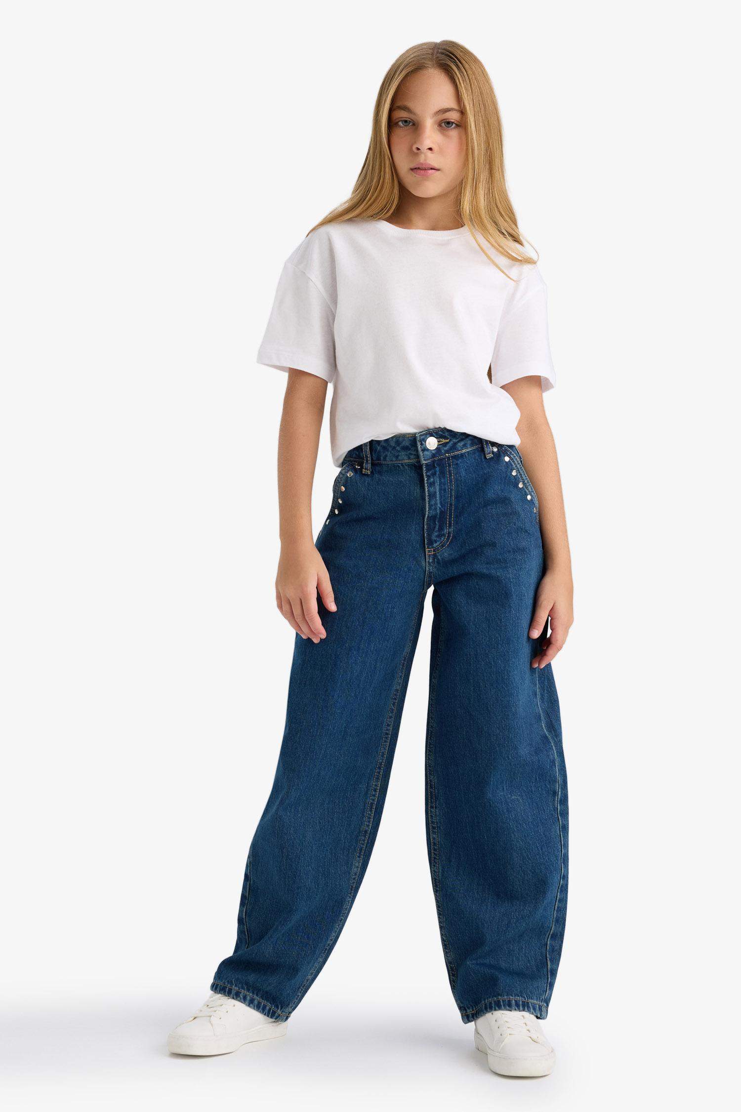 Kız Çocuk Baggy Fit Geniş Paça Jean Pantolon