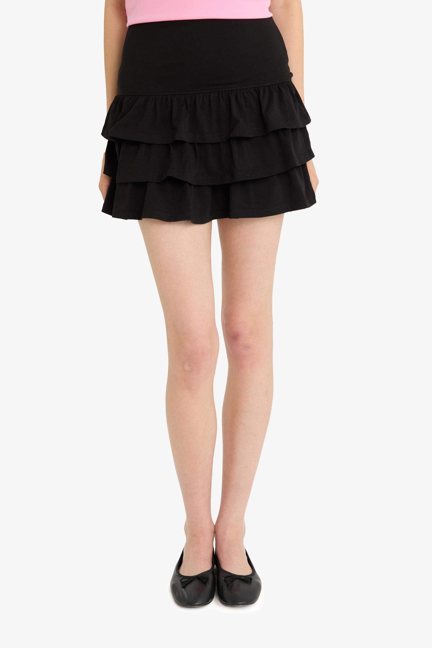 Normal Waist Flounced Cotton Black Mini Skirt