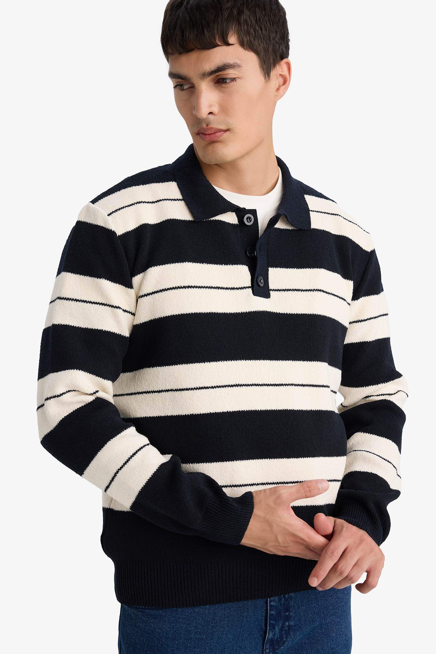 Standart Fit Polo Yaka Renk Bloklu Triko Kazak