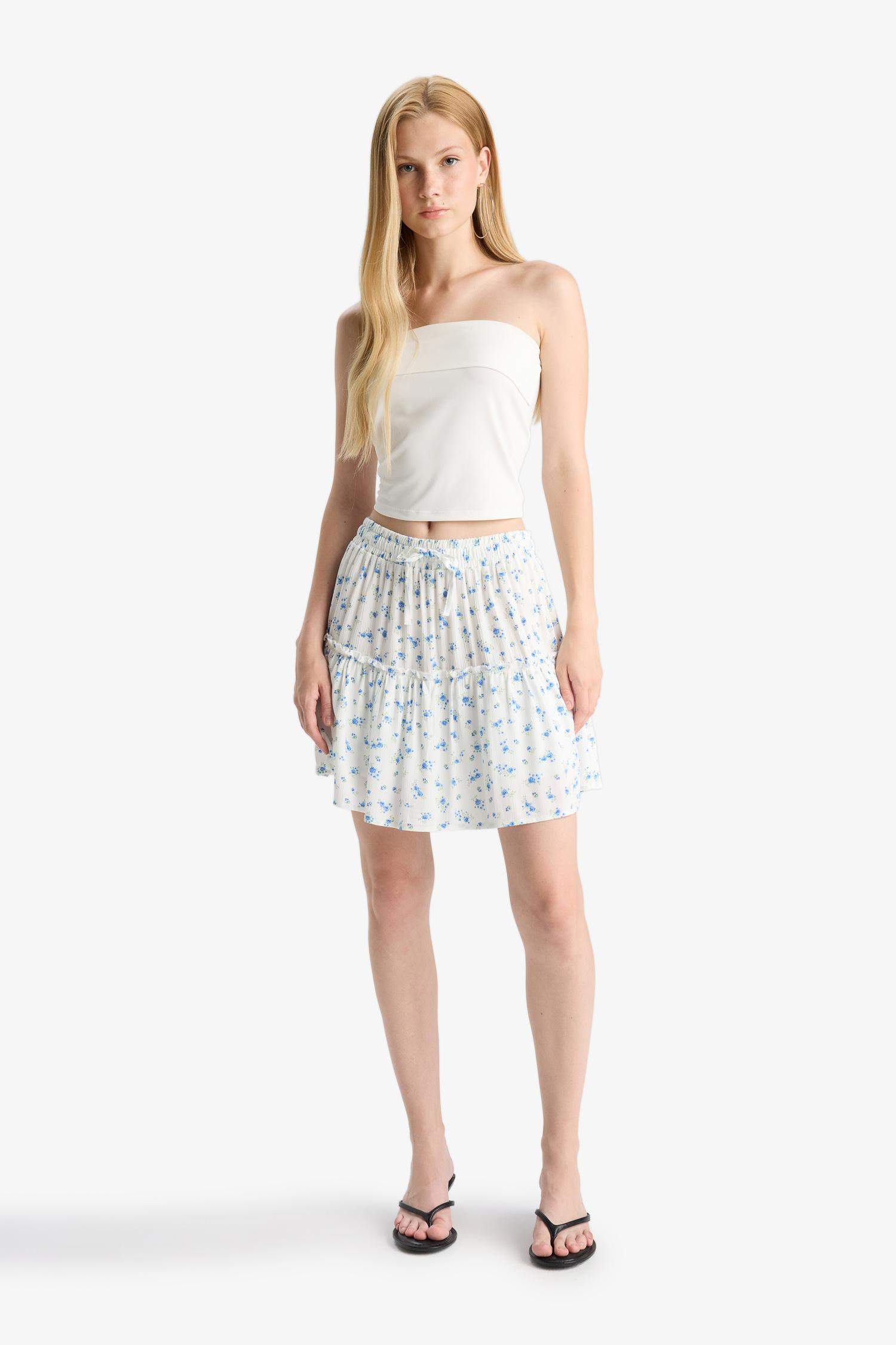 Çiçek Desenli Yüksek Bel Penye Astar Krinkıl Viskon Mini Etek