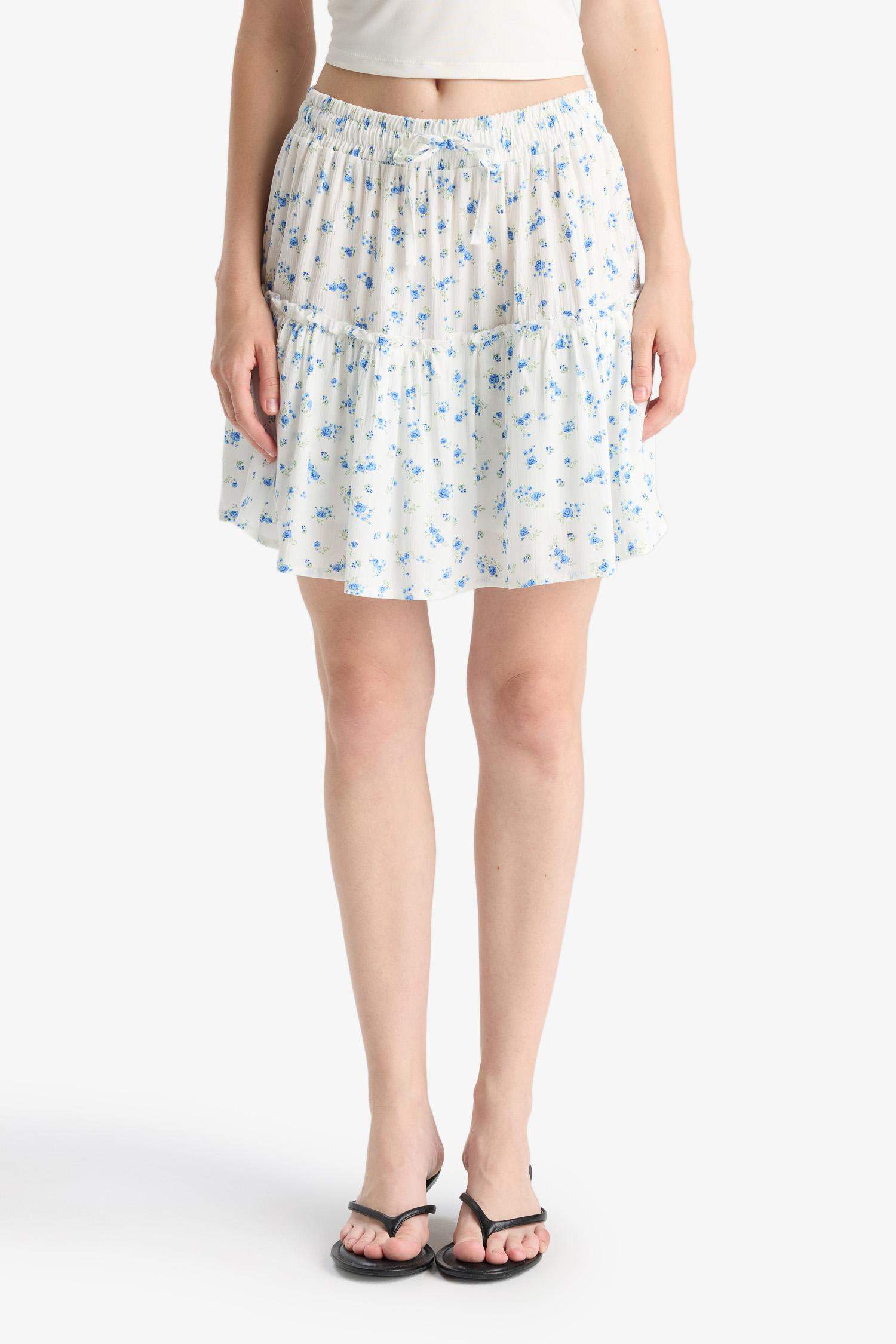 Çiçek Desenli Yüksek Bel Penye Astar Krinkıl Viskon Mini Etek