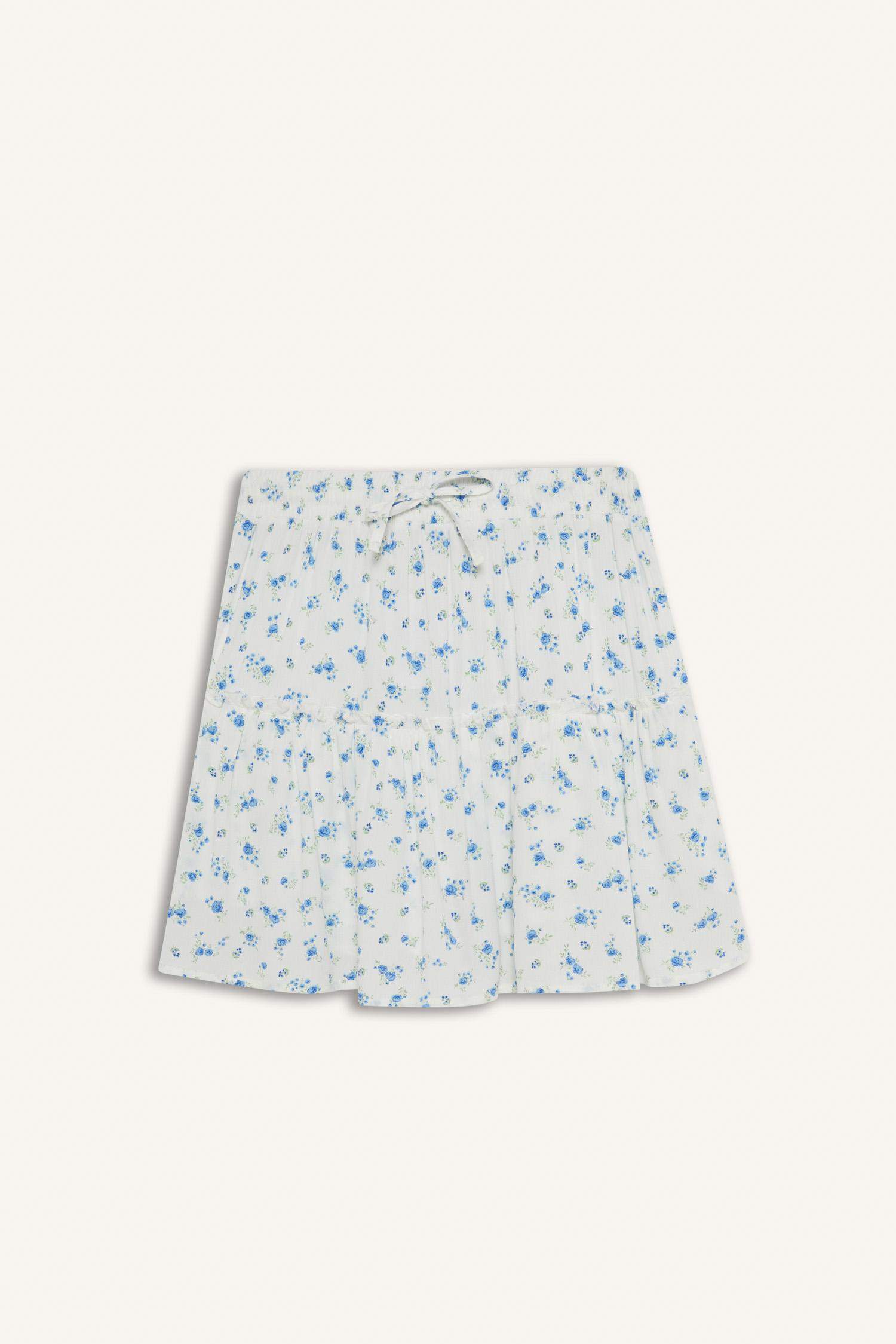 Çiçek Desenli Yüksek Bel Penye Astar Krinkıl Viskon Mini Etek