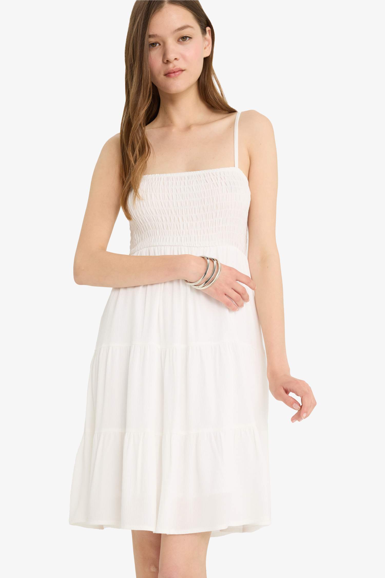 Kare Yaka Krinkıl Kumaş  Askılı Mini Elbise