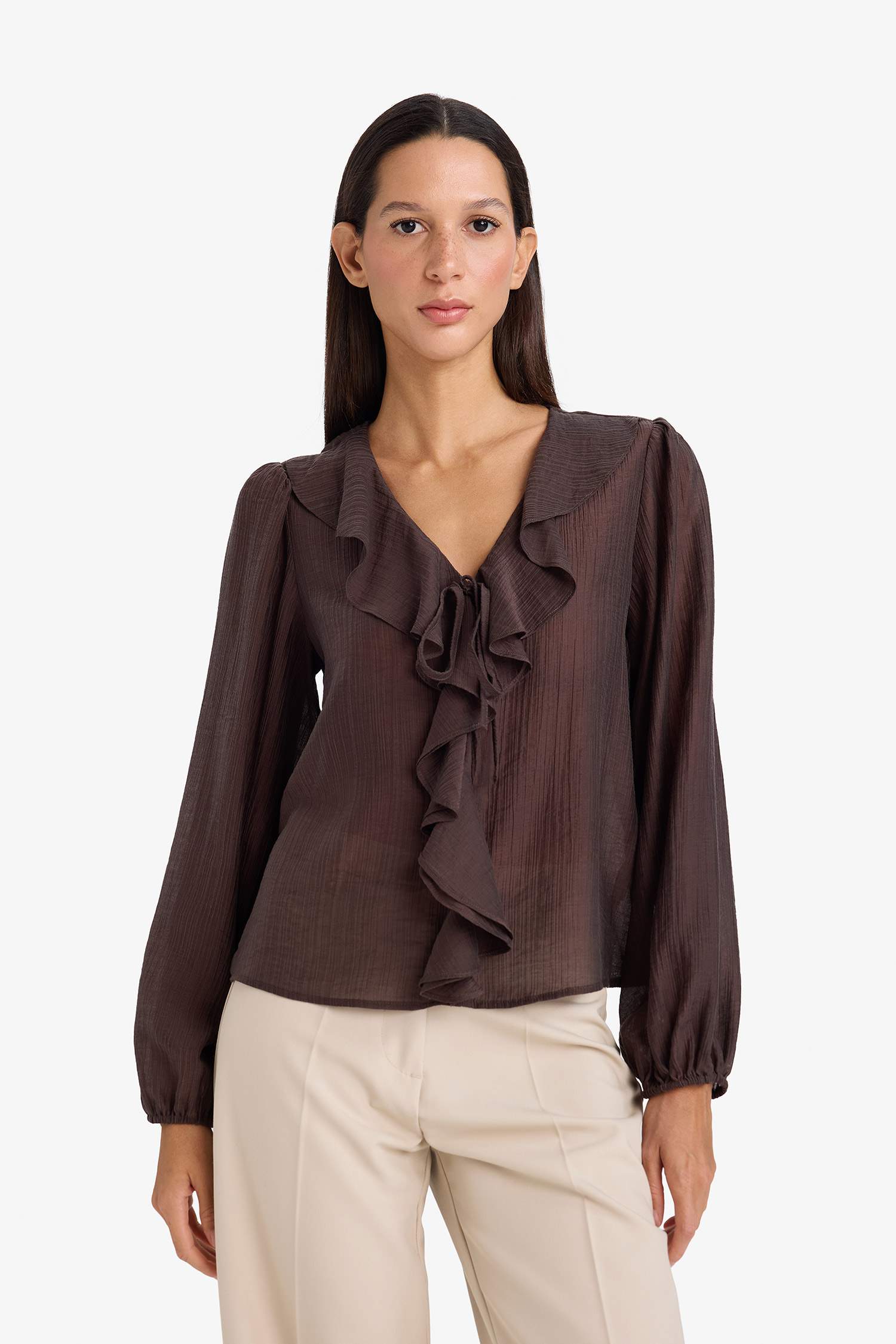 Блузка из жатой ткани Regular Fit с длинным рукавом и V-образным вырезом