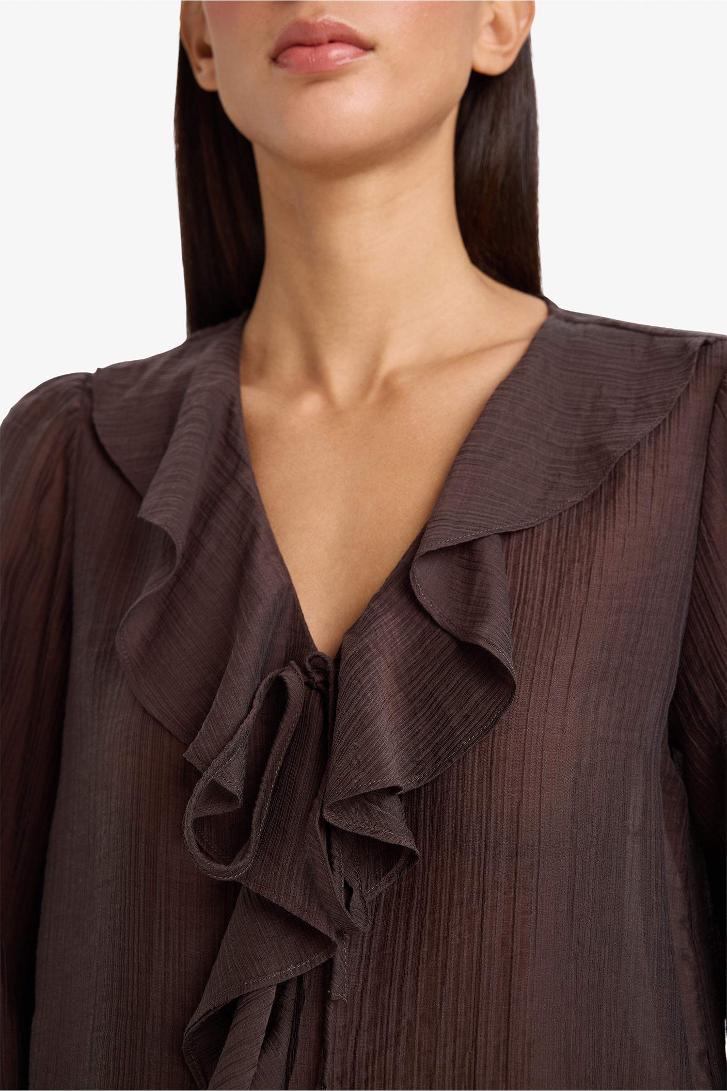 Блузка из жатой ткани Regular Fit с длинным рукавом и V-образным вырезом