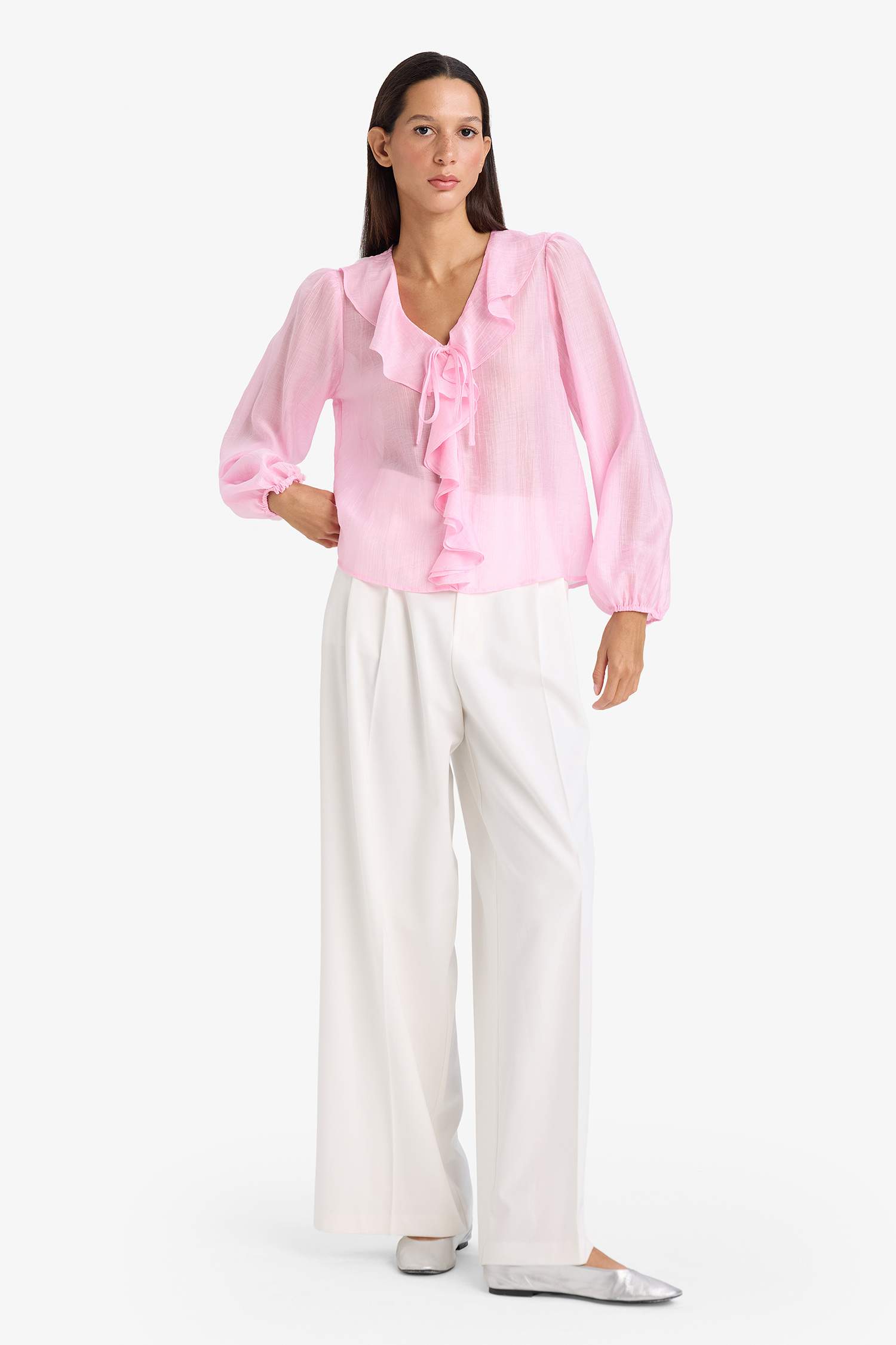 Блузка из жатой ткани Regular Fit с длинным рукавом и V-образным вырезом