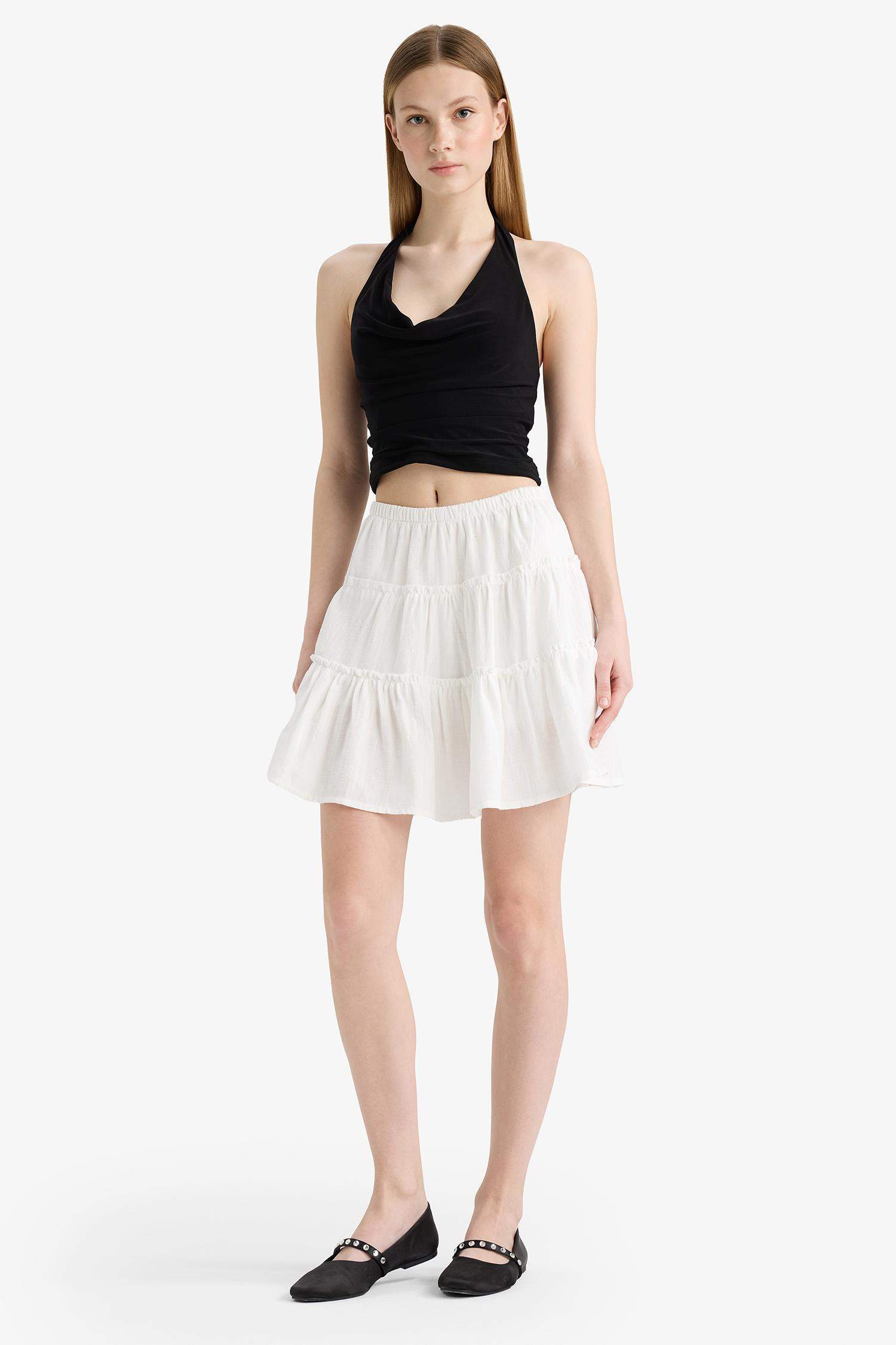 Coool Yüksek Bel Penye Astar Keten Görünümlü Mini Etek