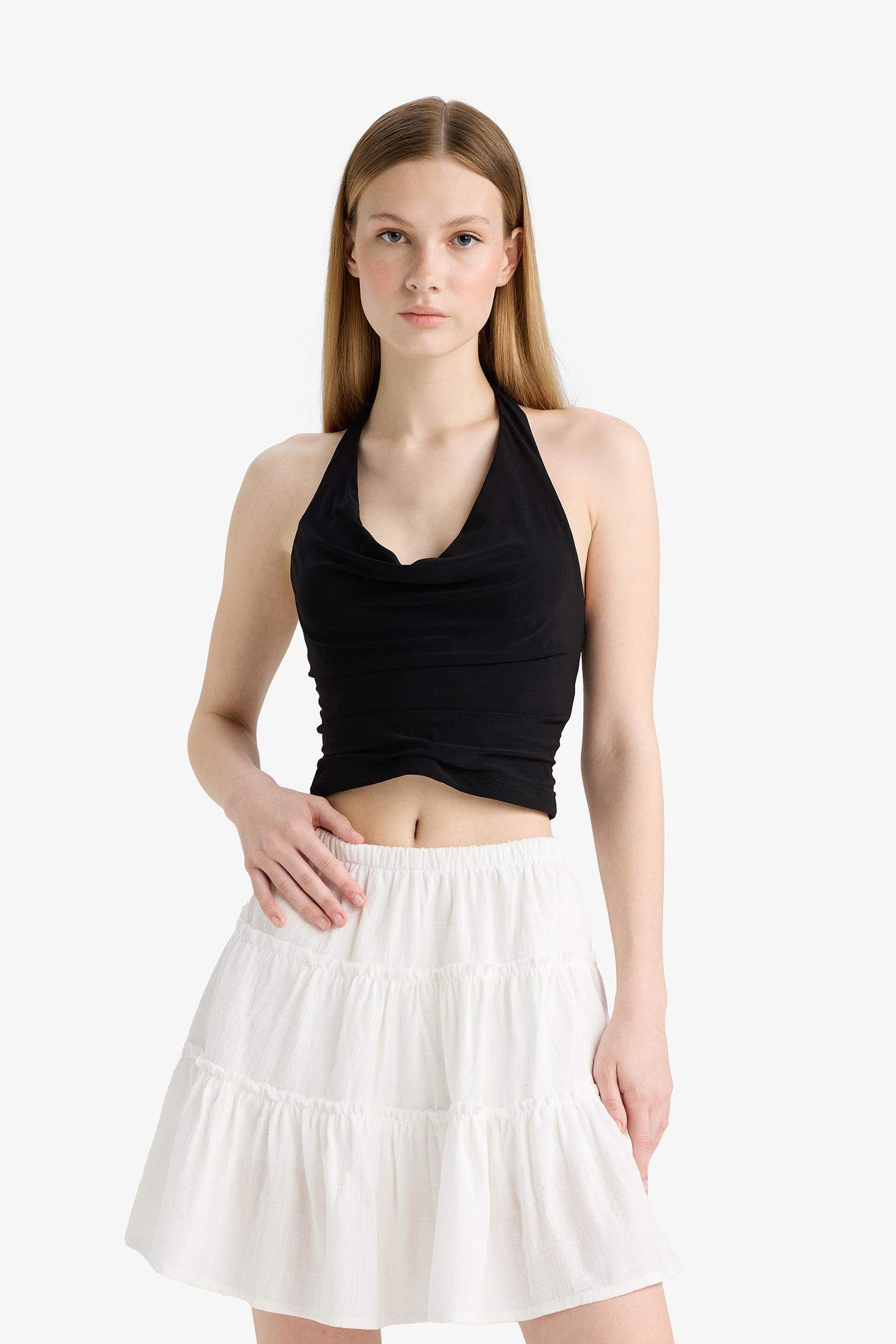 Coool Yüksek Bel Penye Astar Keten Görünümlü Mini Etek