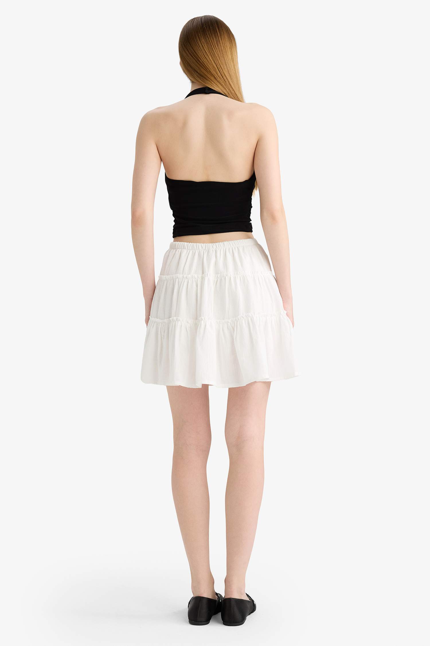 Coool Yüksek Bel Penye Astar Keten Görünümlü Mini Etek