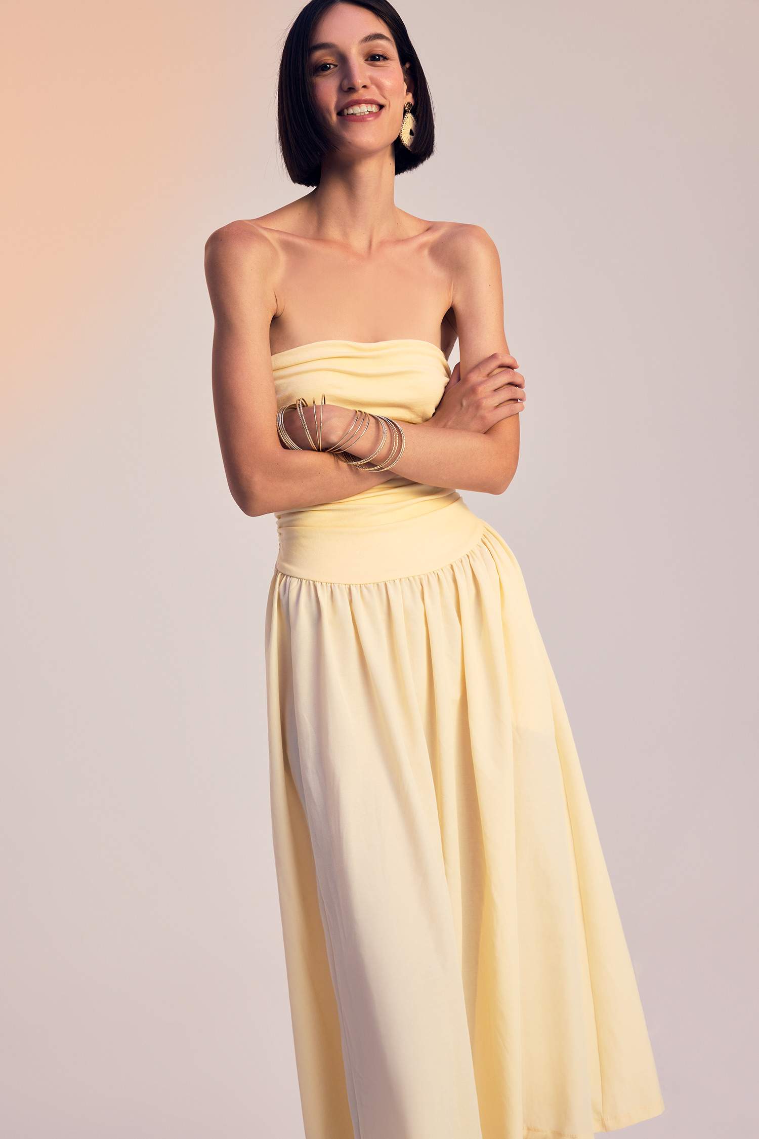 Straplez Poplin Midi Elbise