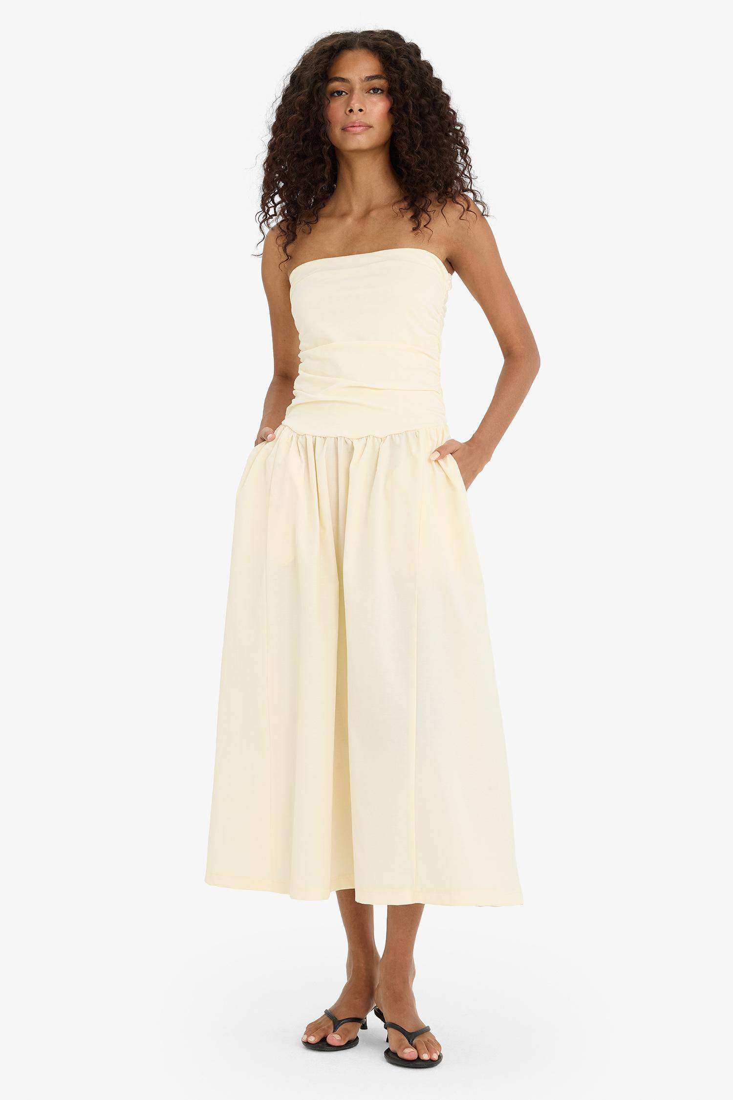 Straplez Poplin Midi Elbise