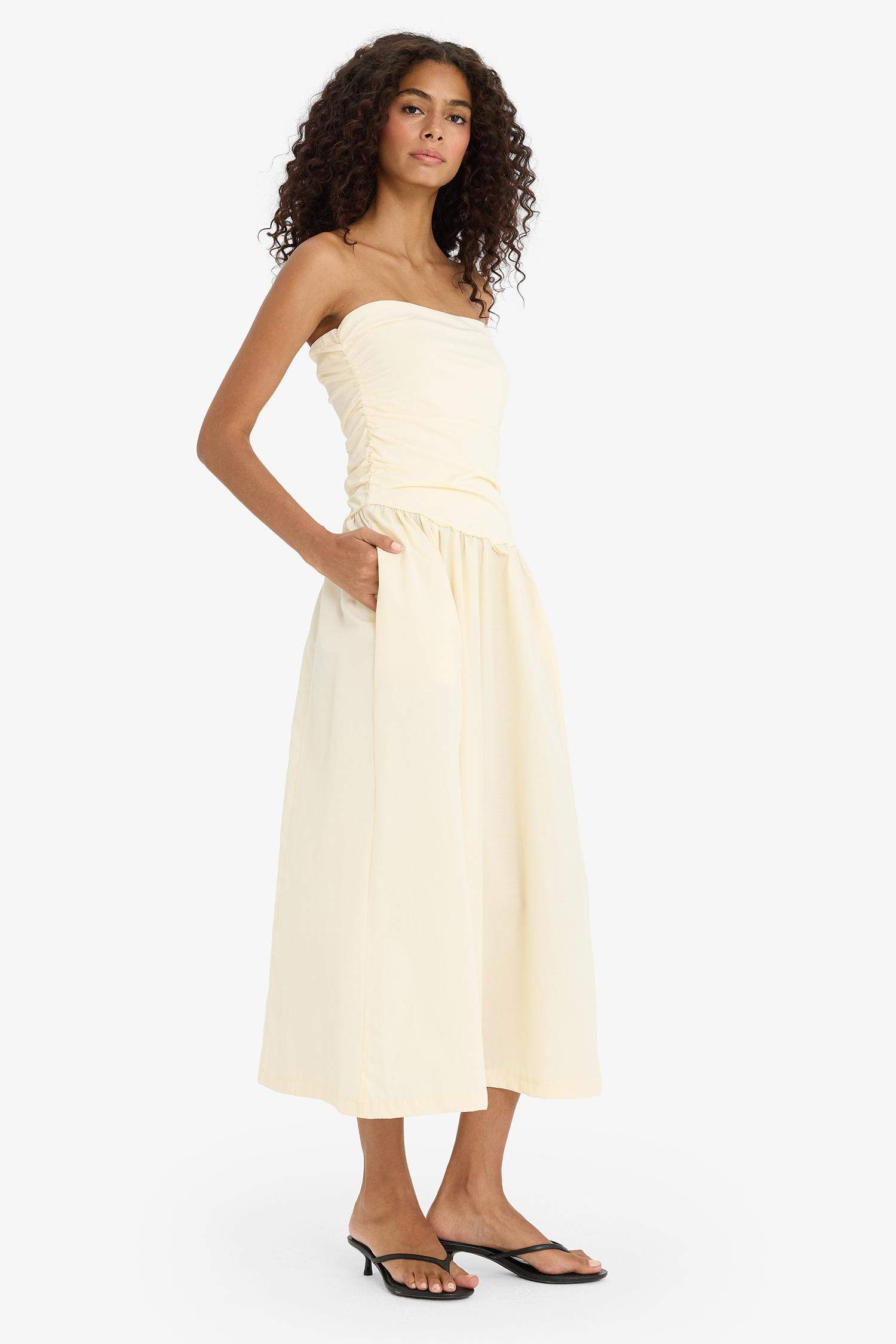 Straplez Poplin Midi Elbise