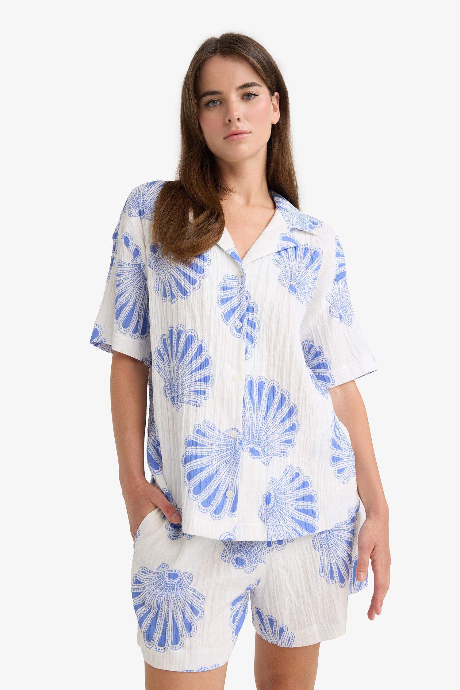 Yüksek Beli Lastikli Desenli Müslin Şort