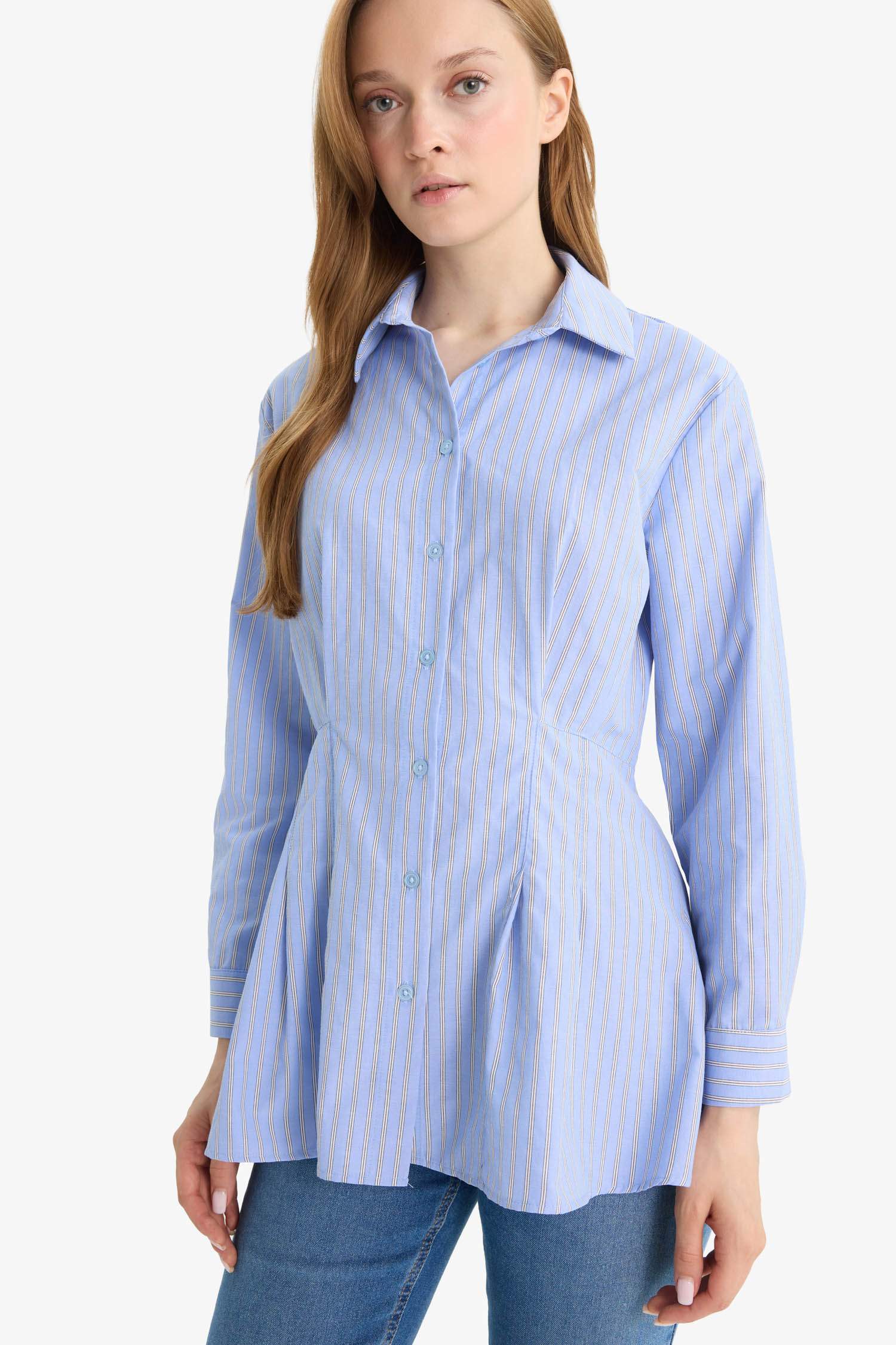 Relax Fit Çizgili Poplin Uzun Kollu Gömlek Tunik