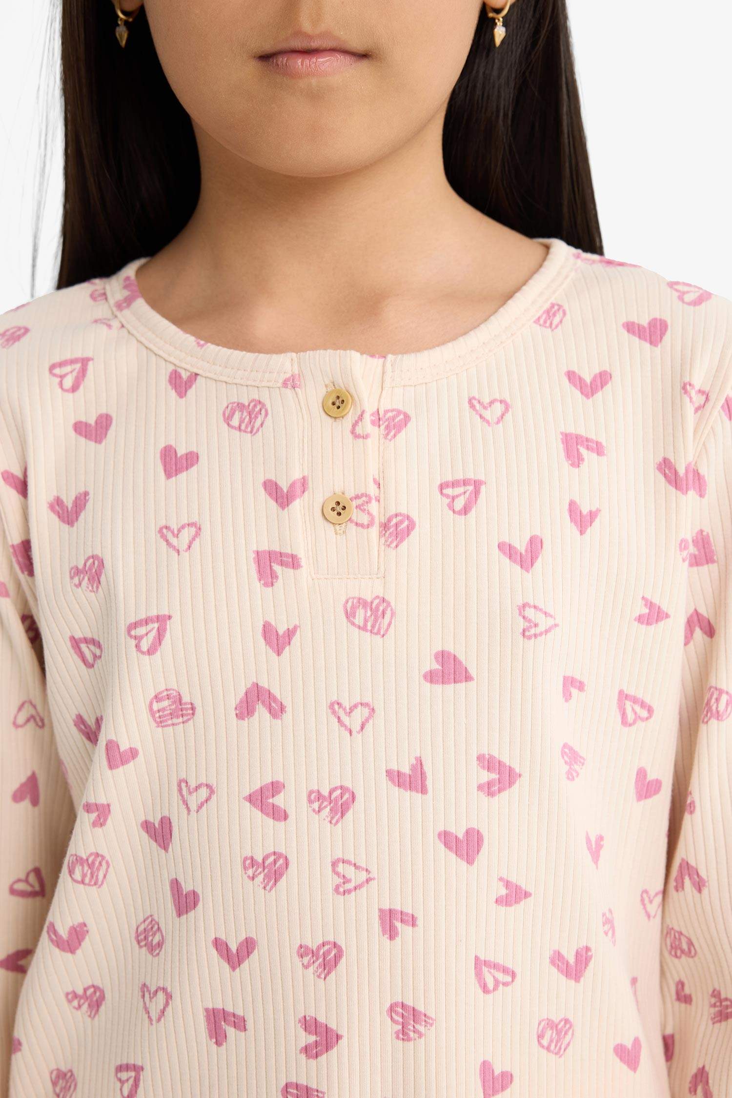 Kız Çocuk Pijama Takımı Fitilli Kaşkorse Kalp Desenli Uzun Kollu Üst Uzun Alt