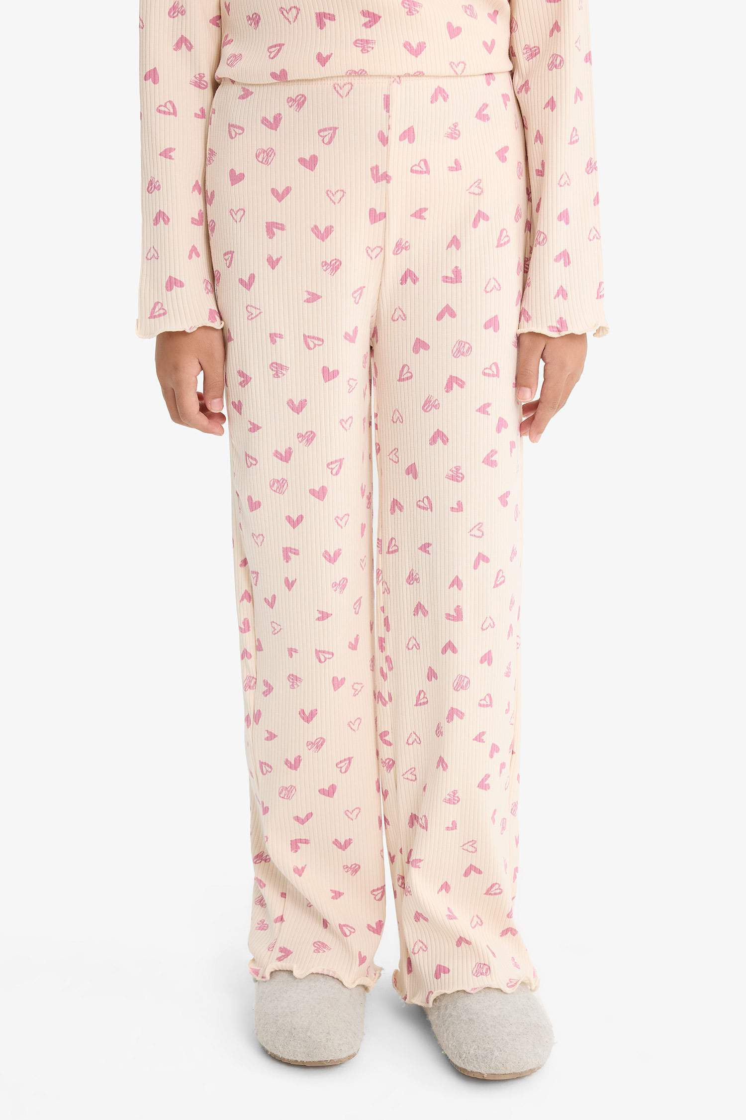 Kız Çocuk Pijama Takımı Fitilli Kaşkorse Kalp Desenli Uzun Kollu Üst Uzun Alt