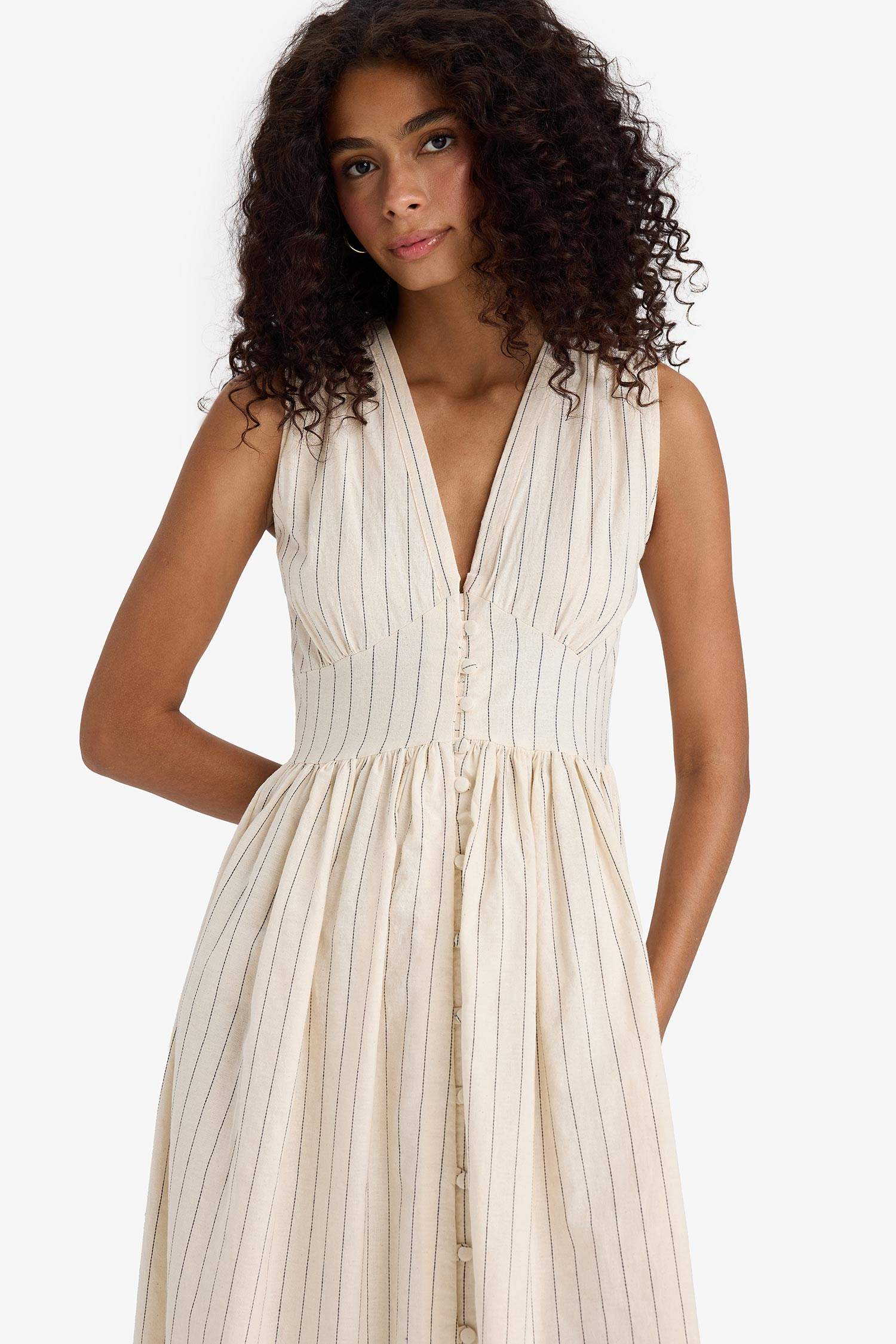 فستان ميدي مخطط بوبلين بياخة V