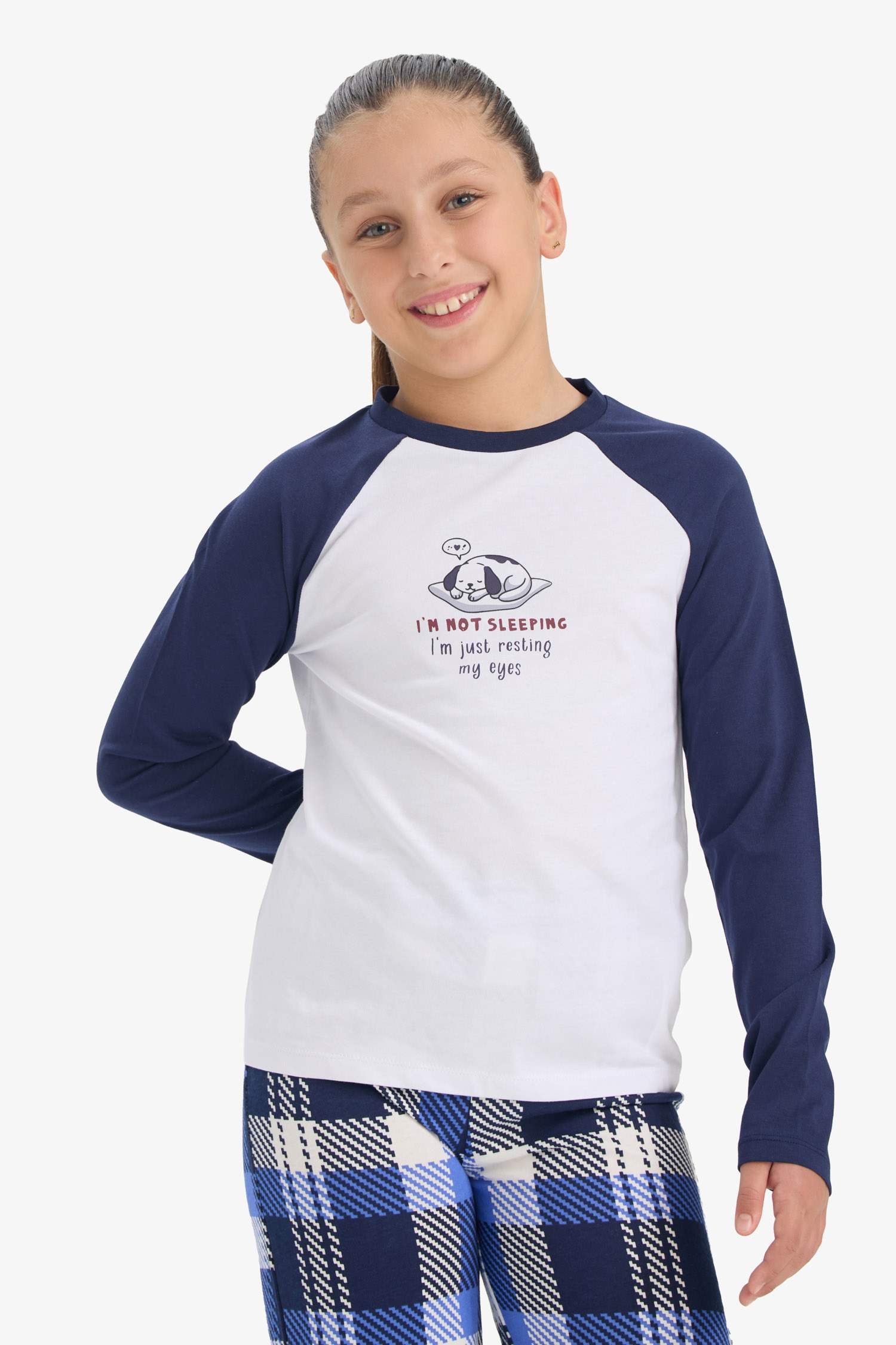 Kız Çocuk Pijama Takımı Baskılı Uzun Kollu Üst Kareli Uzun Alt 