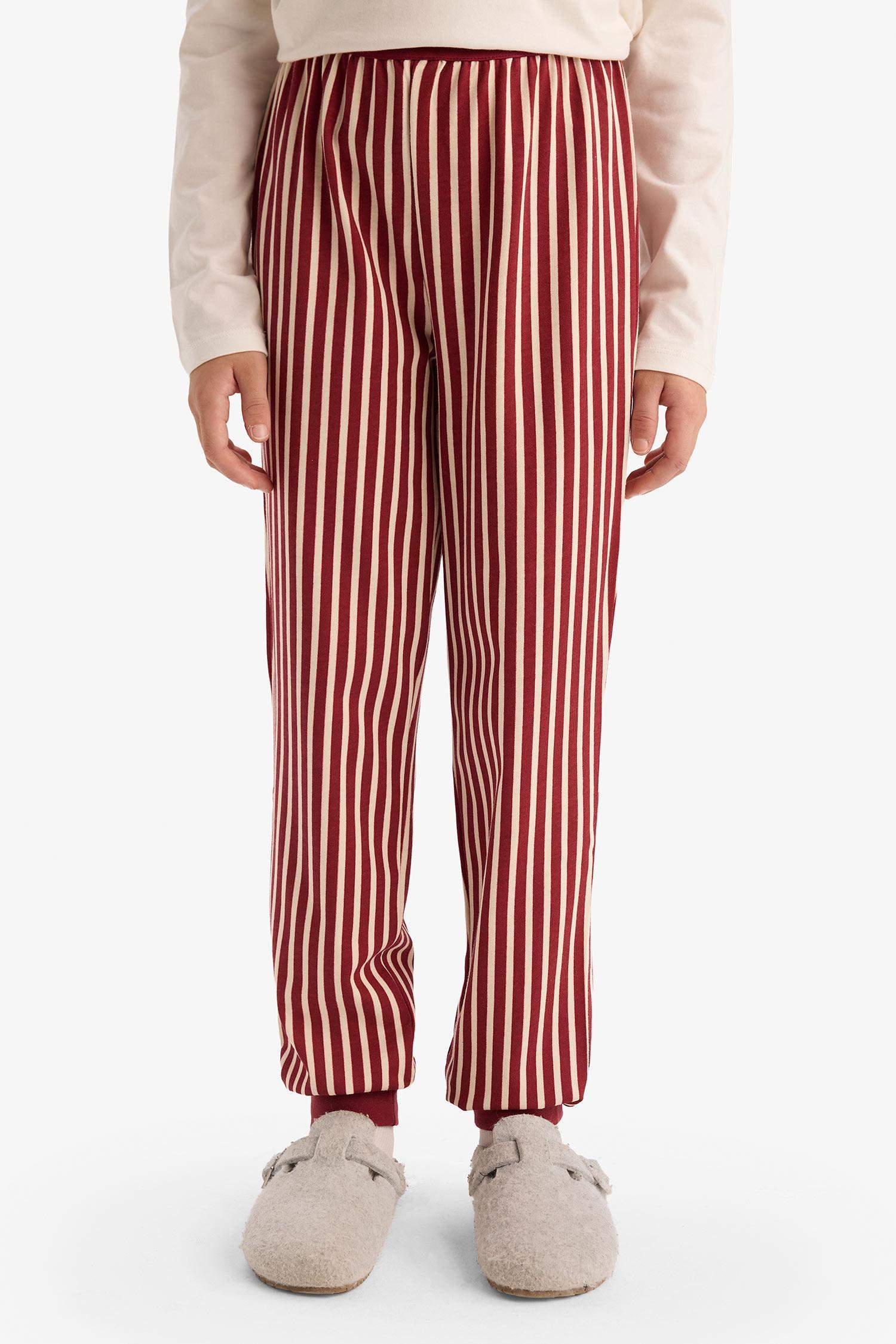 Kız Çocuk Pijama Takımı Baskılı Uzun Kollu Üst Çizgili Uzun Alt 