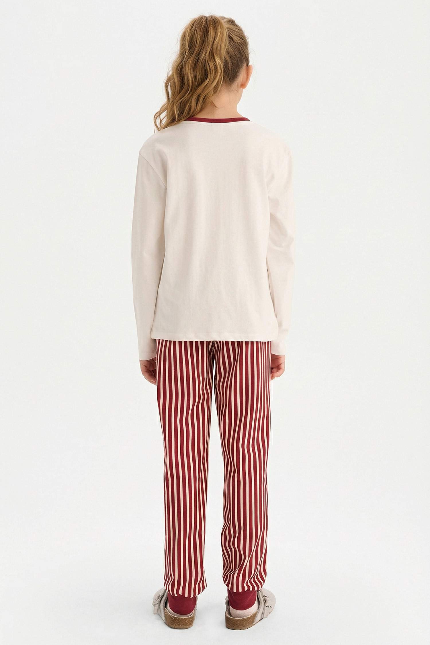 Kız Çocuk Pijama Takımı Baskılı Uzun Kollu Üst Çizgili Uzun Alt 