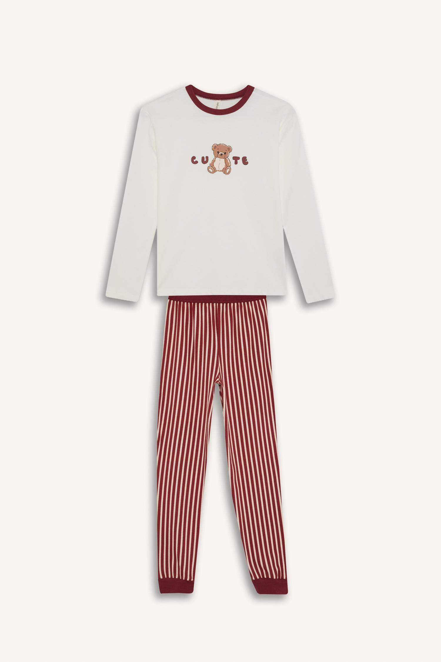 Kız Çocuk Pijama Takımı Baskılı Uzun Kollu Üst Çizgili Uzun Alt 