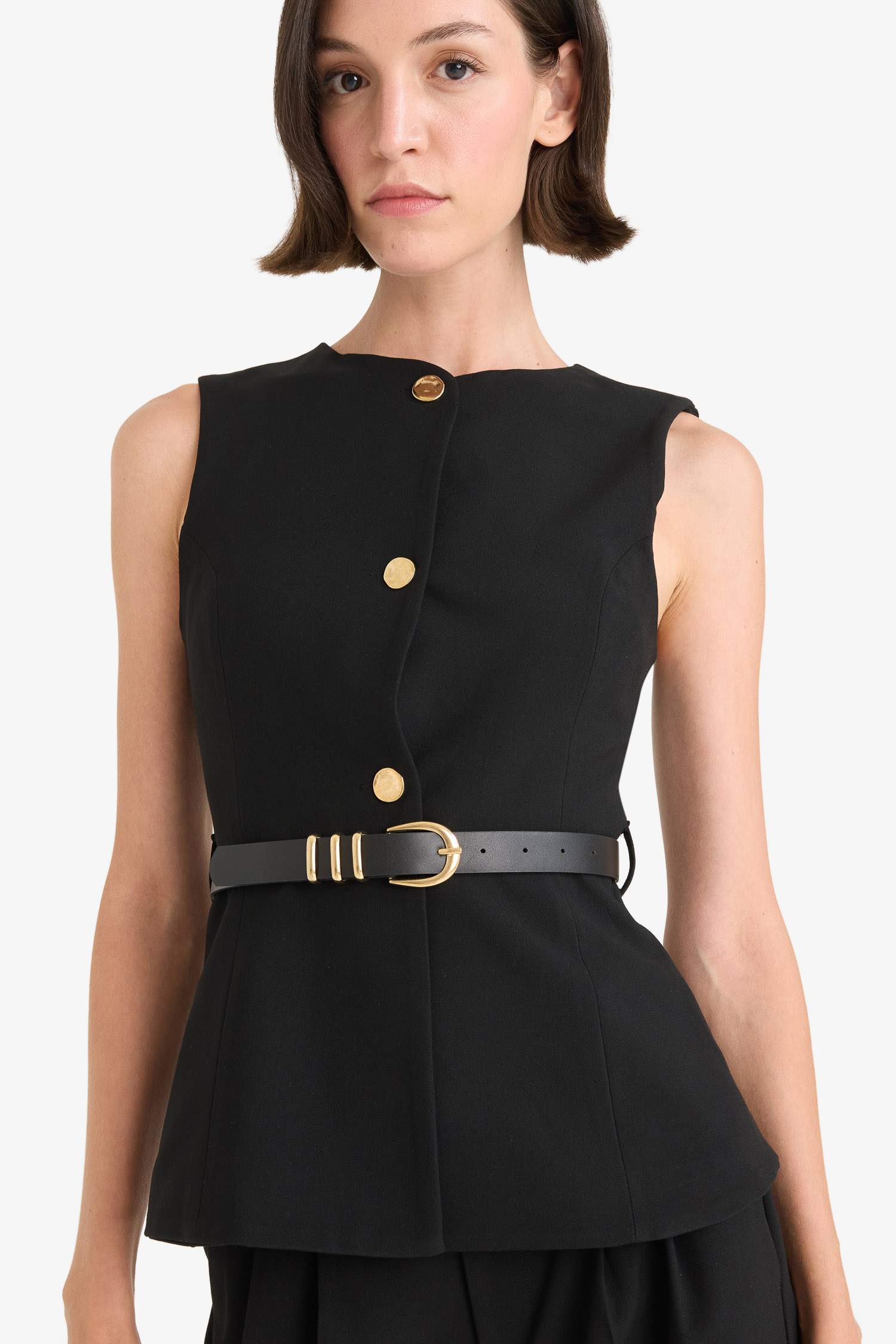 Fitted Bisiklet Yaka Kemer Detaylı Yelek