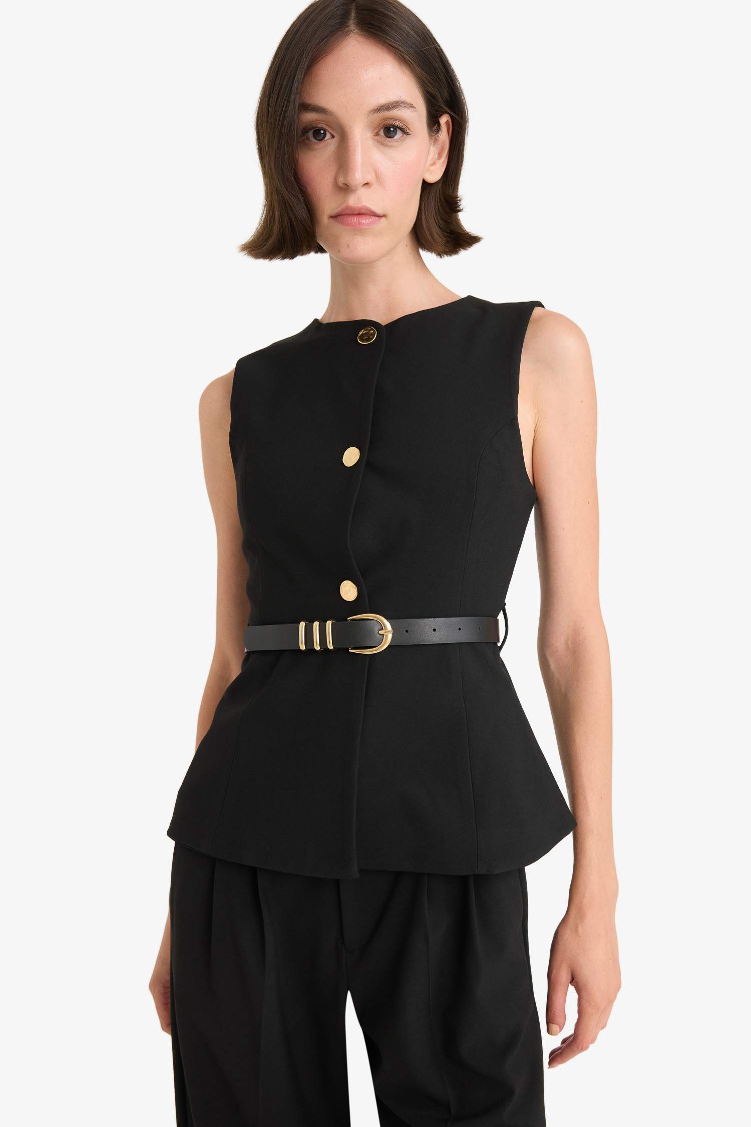 Fitted Bisiklet Yaka Kemer Detaylı Yelek